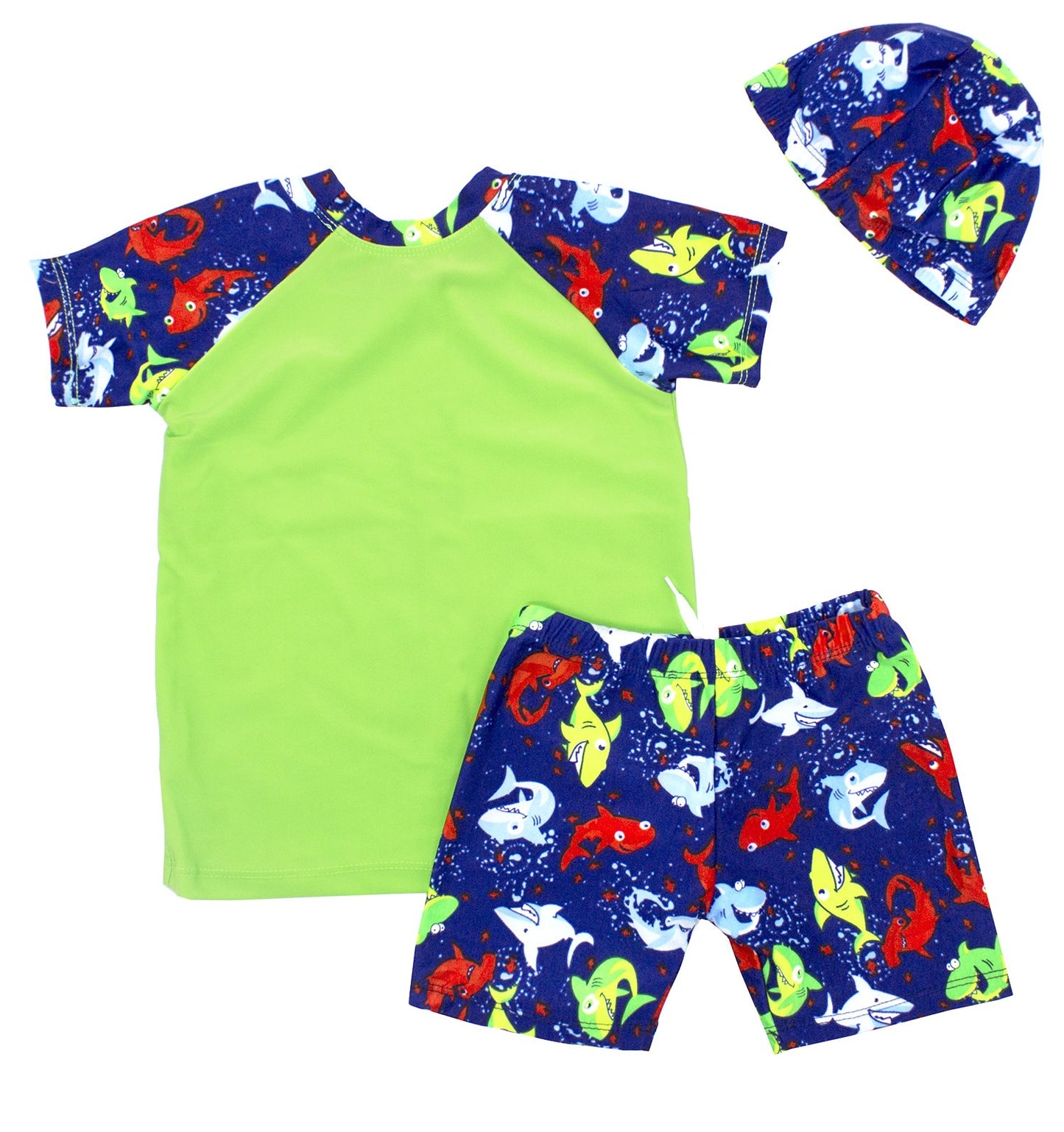 stylesilove Kids Boy Cartoon Dinosaur Shark Rashguard Top & Swim Shorts with Hat 3 pcs Set