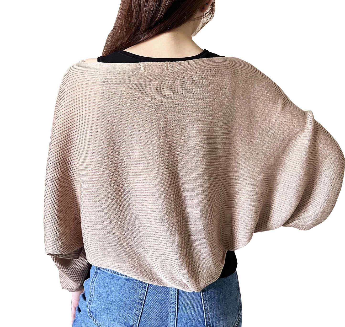 stylesilove Women Lightweight Ribbed Knit Bolero Shrug Long Sleeve Solid Cardigan Soft Sweater Open Front Cape Shawl