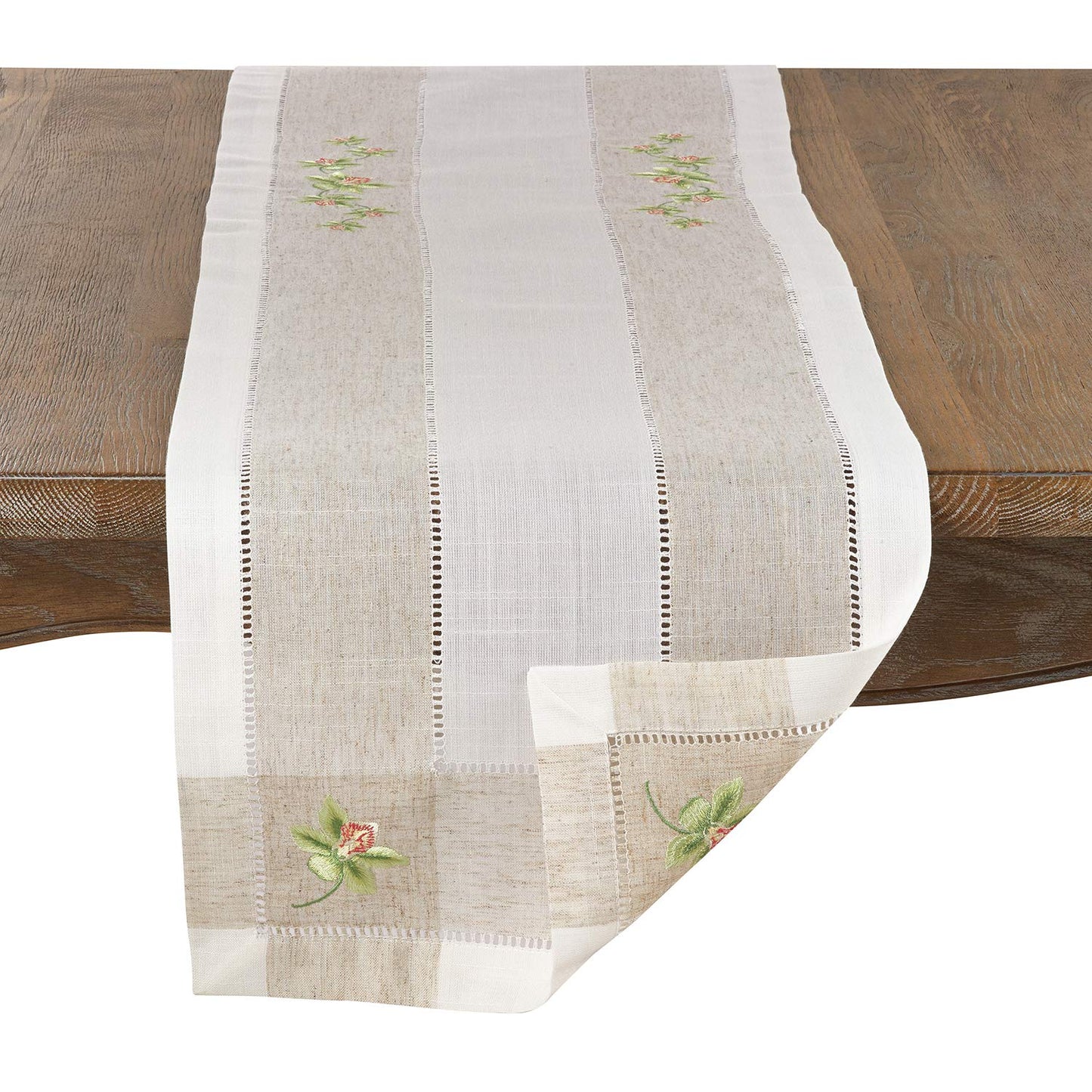Fennco Styles Hommage Brodé Collection Cottage Lemon Embroidery Border Hemstitch Table Runner 15 x 70 Inch – Ivory Table Cover for Wedding, Banquet, Tea Party and Home Décor