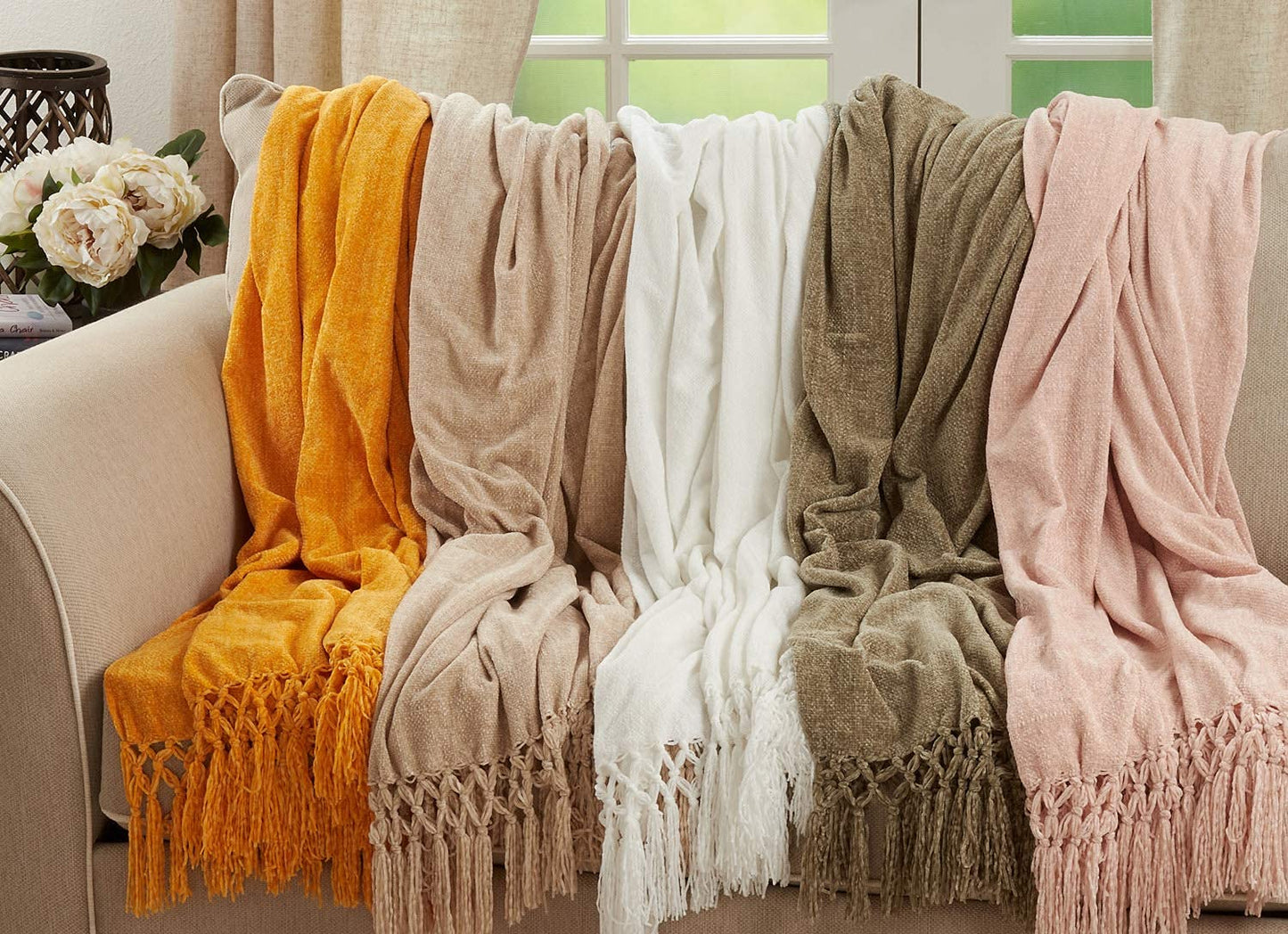 Fennco Styles Hand Knotted Chenille Throw 50" W x 60" L - Solid Throw Blanket for Couch, Living Room, Bedroom, Christmas, Holiday and Home Décor
