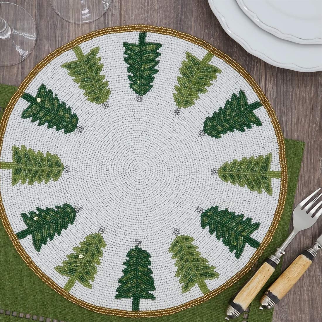 Fennco Style Hand Beaded Christmas Trees Holiday Placemat 15" Round, 1-Piece - Green & White Table Mat for Banquets, Christmas, Special Events and Home Décor