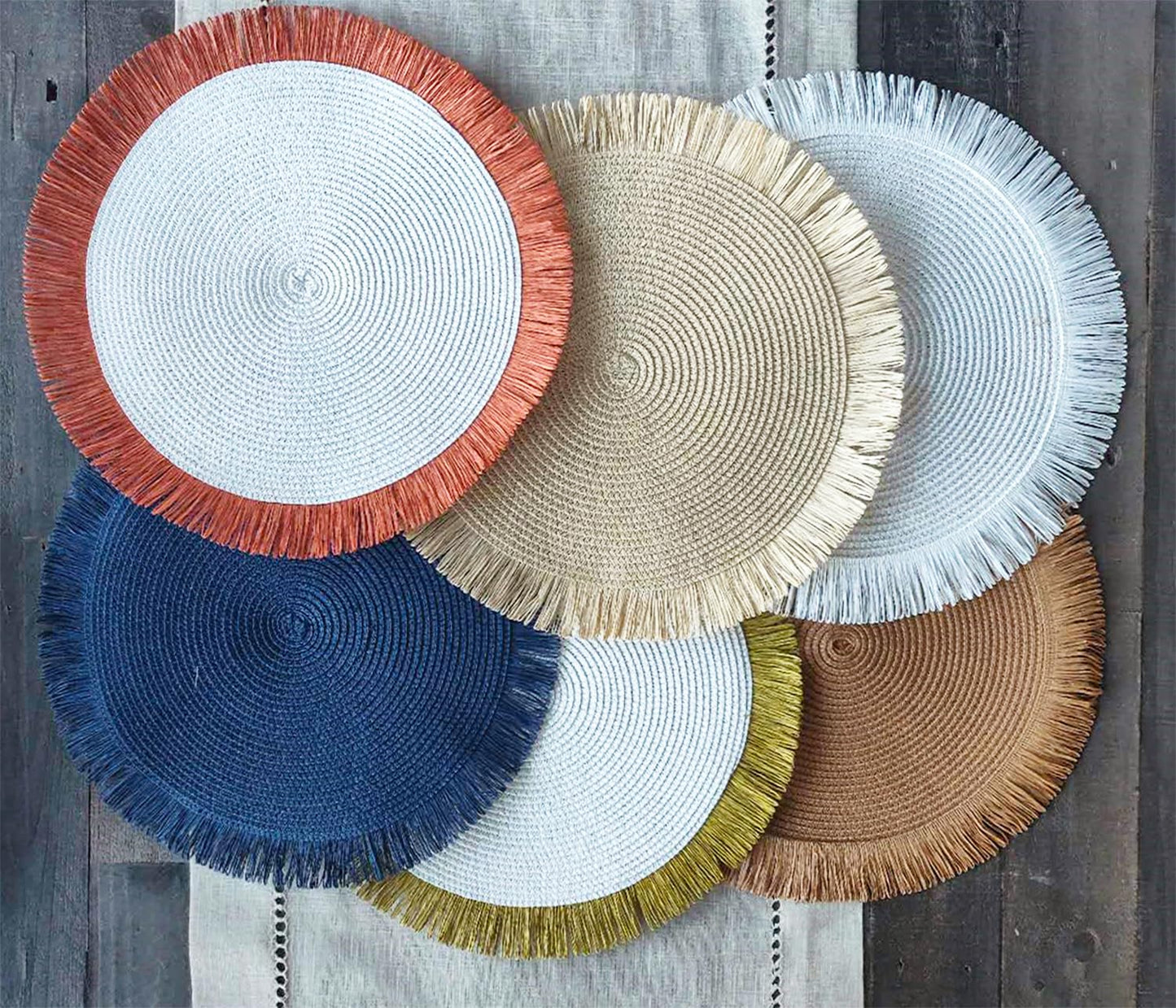 Fennco Styles Handwoven Fringe Boho Placemats 15" Round - Natural Braided Texture Table Mats for Home, Dining Room, Banquets, Family Gathering and Special Occasion