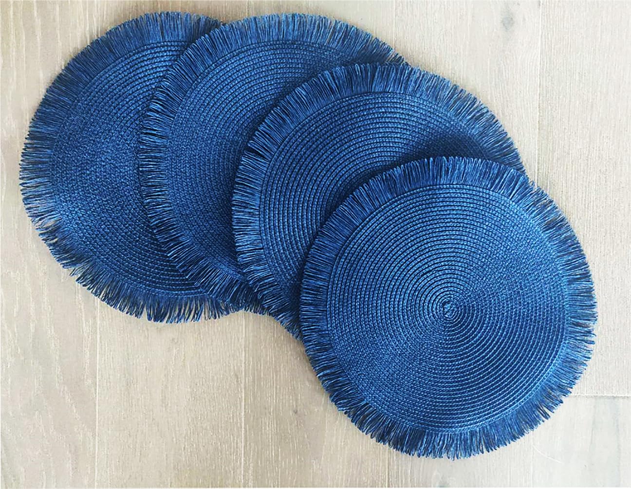 Fennco Styles Handwoven Fringe Boho Placemats 15" Round - Natural Braided Texture Table Mats for Home, Dining Room, Banquets, Family Gathering and Special Occasion