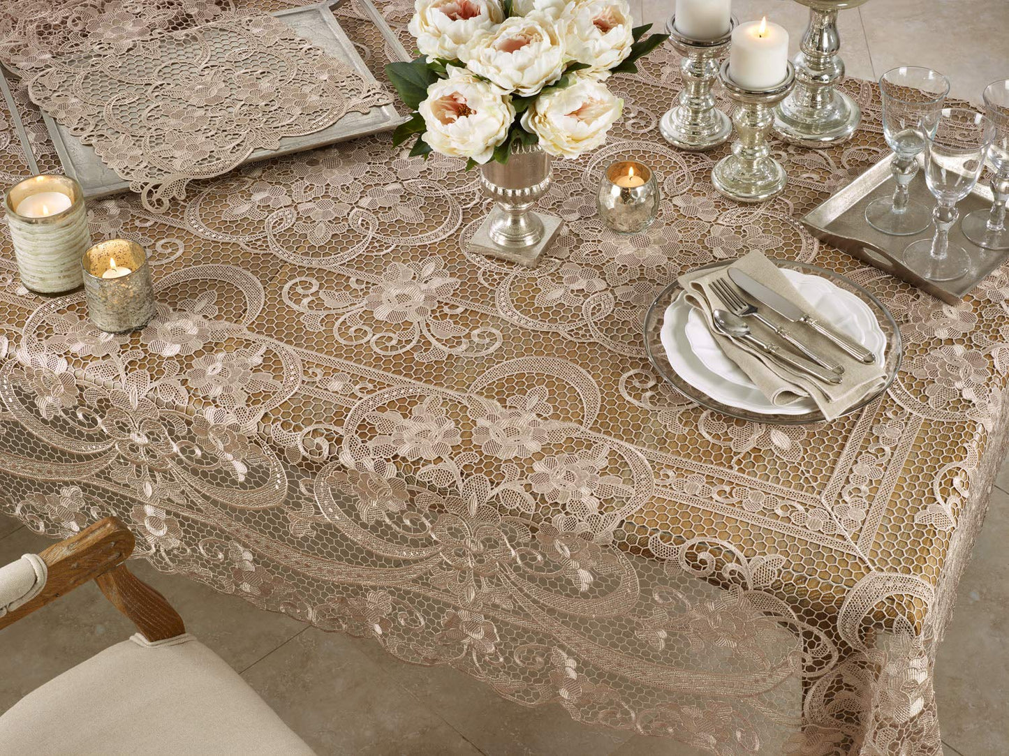 Fennco Styles Exquisite All Over Floral Lace Tablecloth - Ecru Table Cover for Home Decor, Dining Room, Banquets, Wedding and Special Occasion