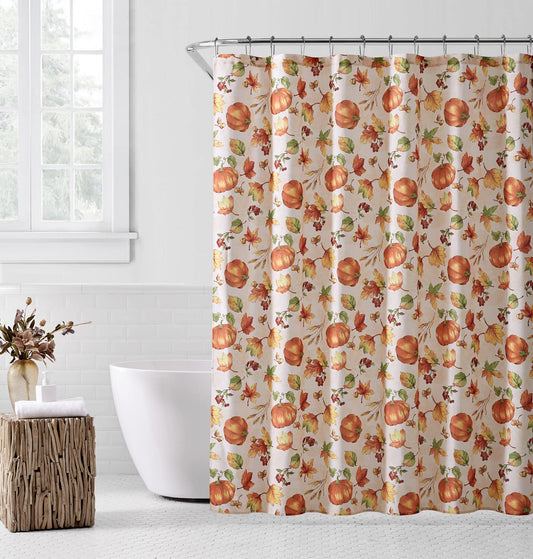 Fennco Styles Fall Pumpkin Shower Curtain Foliage Decorative Bath Curtain Washable Fabric Curtain for Bathtub, Bathroom, Holiday, Thanksgiving Décor and Everyday Use, 70" W X 72" L