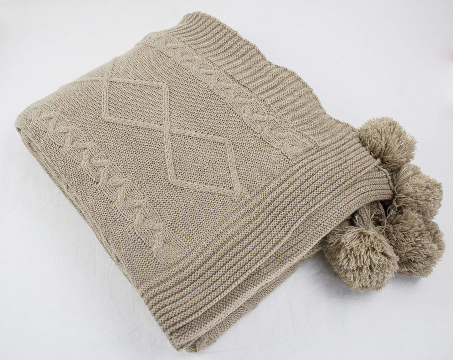 Fennco Styles Luxe Faux Fur Cable Knit Reversible Pom Pom Cozy Throw Blanket, 50" x 60" (Taupe)