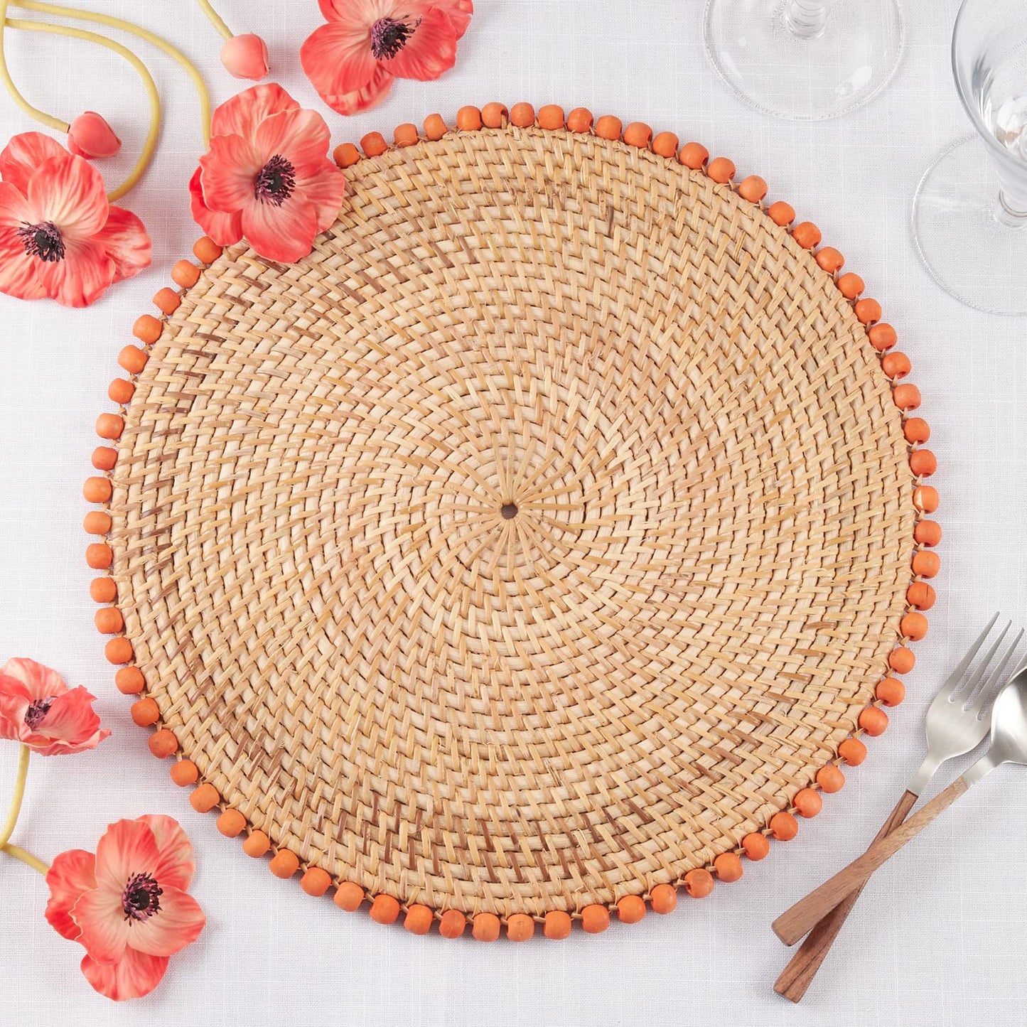Fennco Styles Handmade Beaded Border Rattan Placemat 15" Round, 1- Piece - Orange Wood Beads Table Mat for Home Décor, Family Gathering, Banquets, Everyday Use and Special Occasion