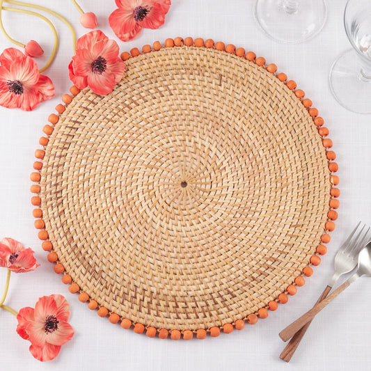 Fennco Styles Handmade Beaded Border Rattan Placemat 15" Round, 1- Piece - Orange Wood Beads Table Mat for Home Décor, Family Gathering, Banquets, Everyday Use and Special Occasion