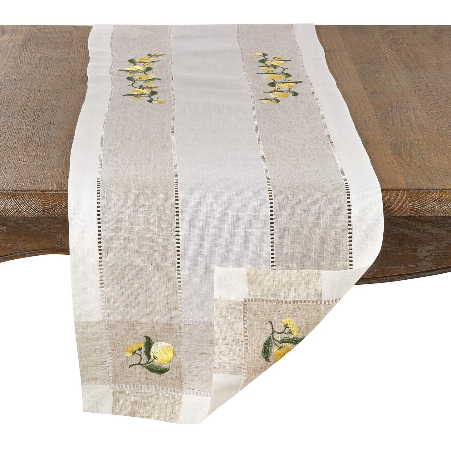 Fennco Styles Hommage Brodé Collection Cottage Lemon Embroidery Border Hemstitch Table Runner 15 x 70 Inch – Ivory Table Cover for Wedding, Banquet, Tea Party and Home Décor
