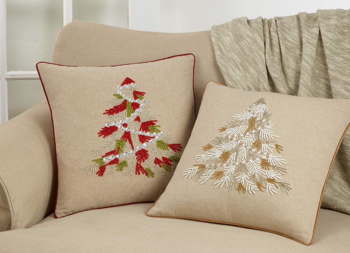 Fennco Styles Beaded Christmas Tree 100% Cotton Decorative Throw Pillow Cover 18 x 18 Inch - Beads Pillow Case for Holiday Décor, Couch, Living Room and Bedroom Décor