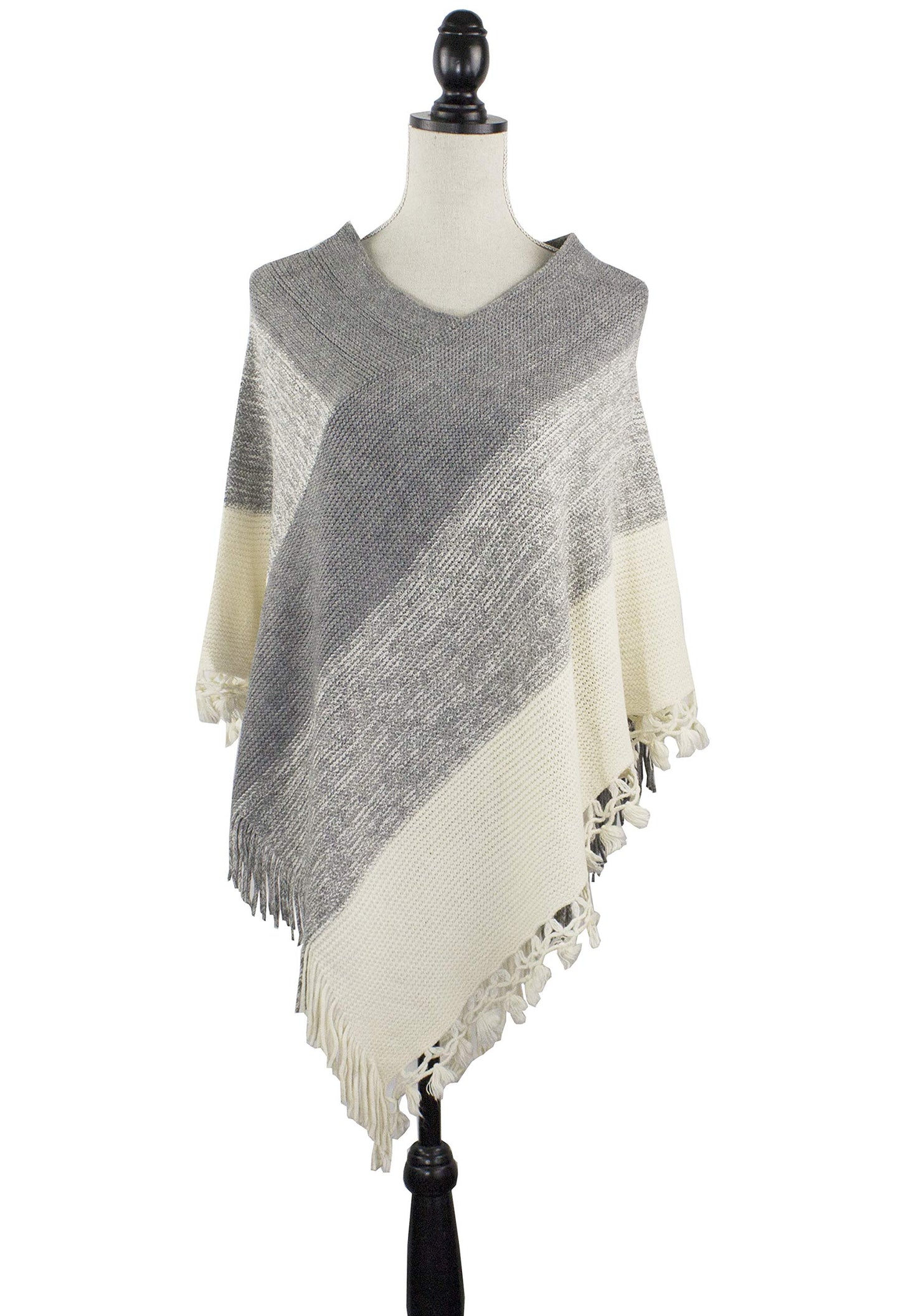 stylesilove Women Color Block Fringe Tassel Poncho Sweater Pullover Cardigan Wrap Topper for Warm Seasons