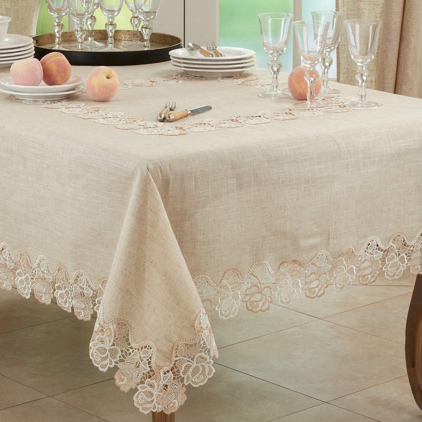 Fennco Styles Elegant Lace Rose Border Tablecloth 54" W x 54" L - Natural Floral Square Table Cover for Home Décor, Banquets, Wedding, Family Gathering and Special Events