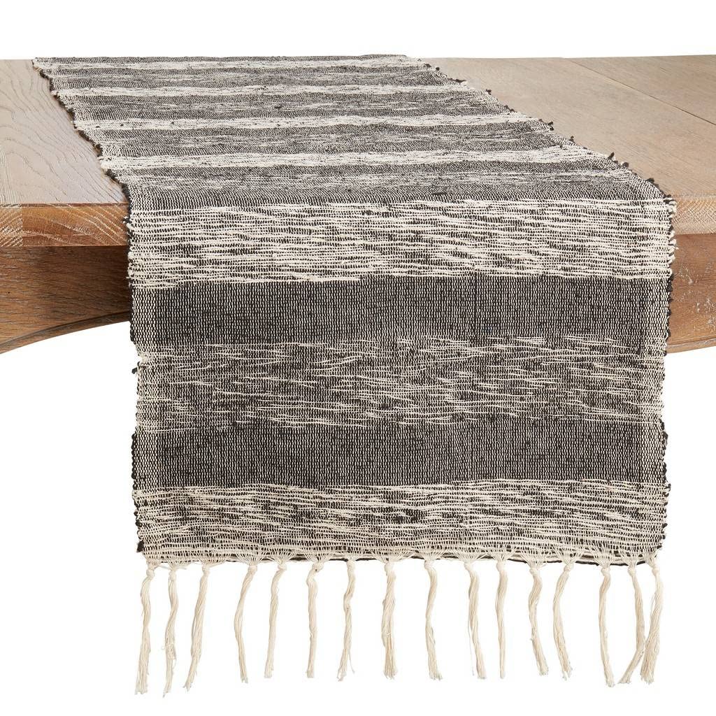 Fennco Styles Casual Striped Cotton Tassels Table Runner 16" W x 72" L - Black & White Woven Table Cover for Home Décor, Dining Table, Banquets, Family Gathering and Special Events