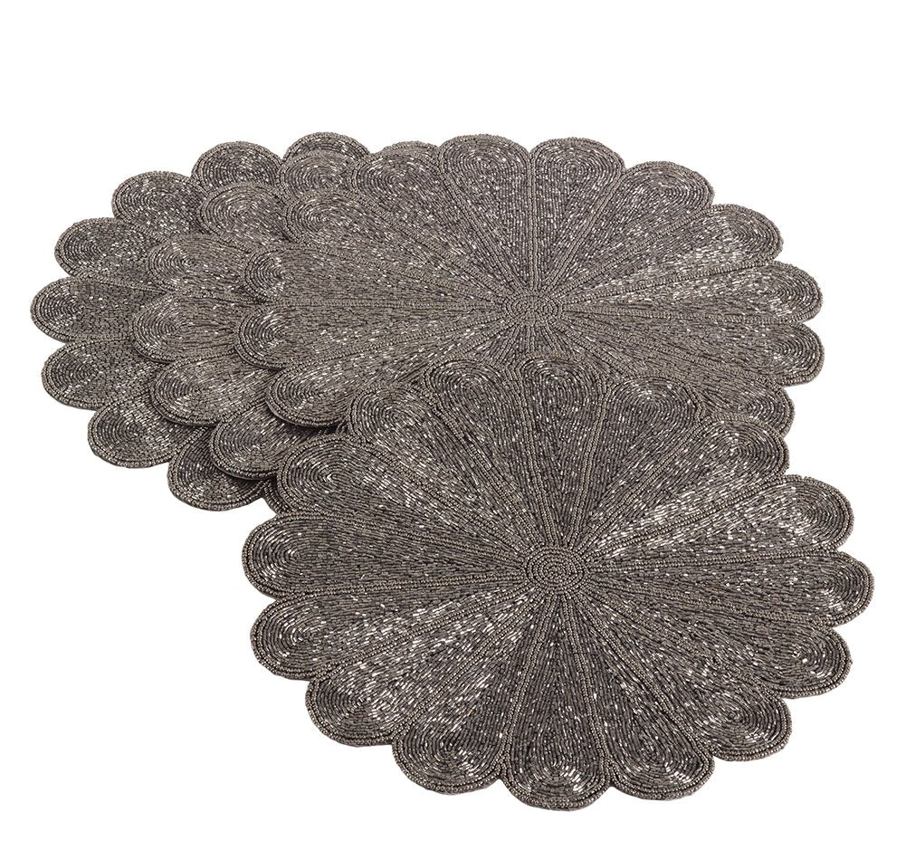 Fennco Styles Flower Design Handmade Beaded 15-inch Round Placemat - 1-Piece - Elegant Table Mat for Banquets, Family Gathering, Special Events and Home Décor