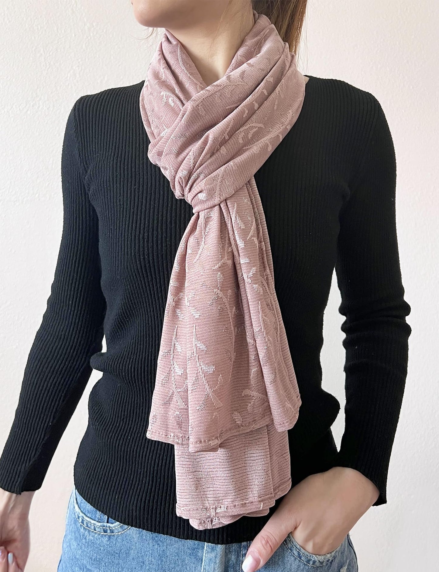 stylesilove Women Shimmering Jacquard Floral Scarf Silver Thread Flower Scarves Ultra Lightweight Soft Shawl Neck Wraps