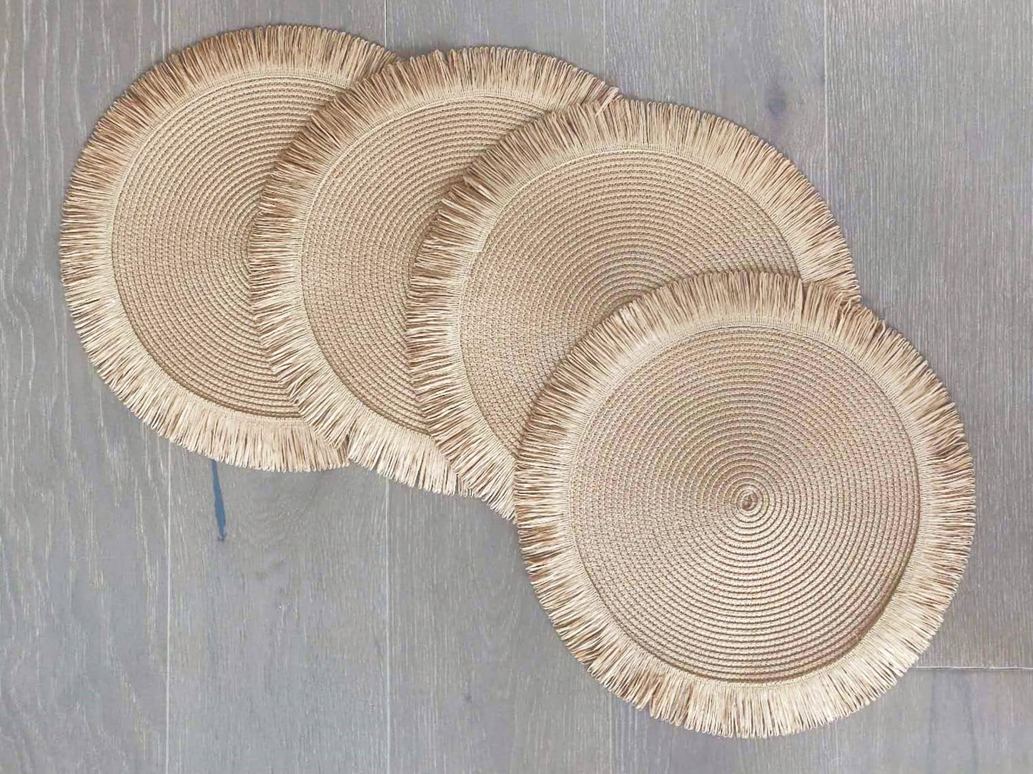 Fennco Styles Handwoven Fringe Boho Placemats 15" Round - Natural Braided Texture Table Mats for Home, Dining Room, Banquets, Family Gathering and Special Occasion