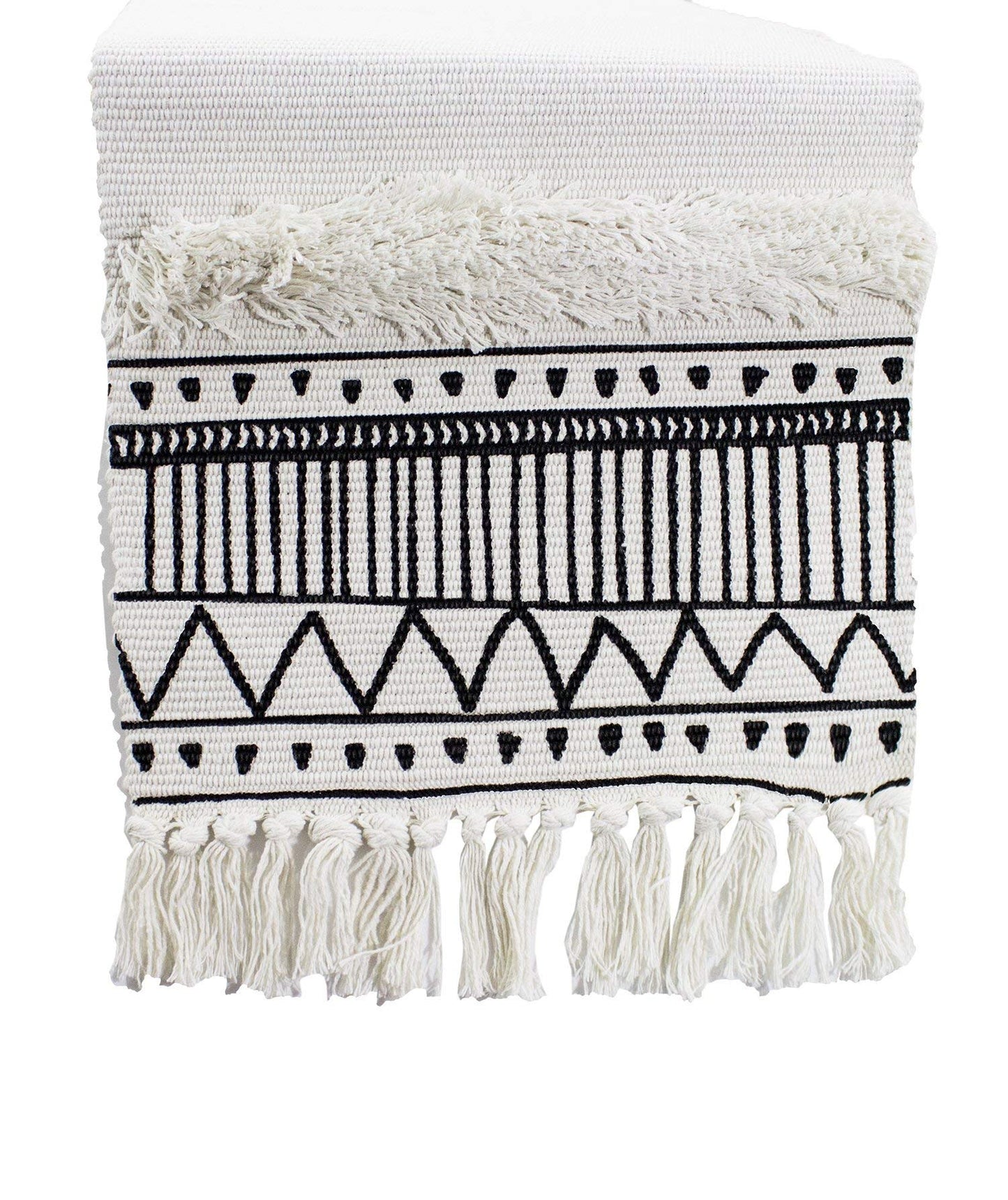 Fennco Styles Ivory Boho Tribal Textured Table Runner with Tassels - Woven Diamond Cotton Blend Table Cover for Boho Décor, Dining Table, Banquets, Family Gatherings