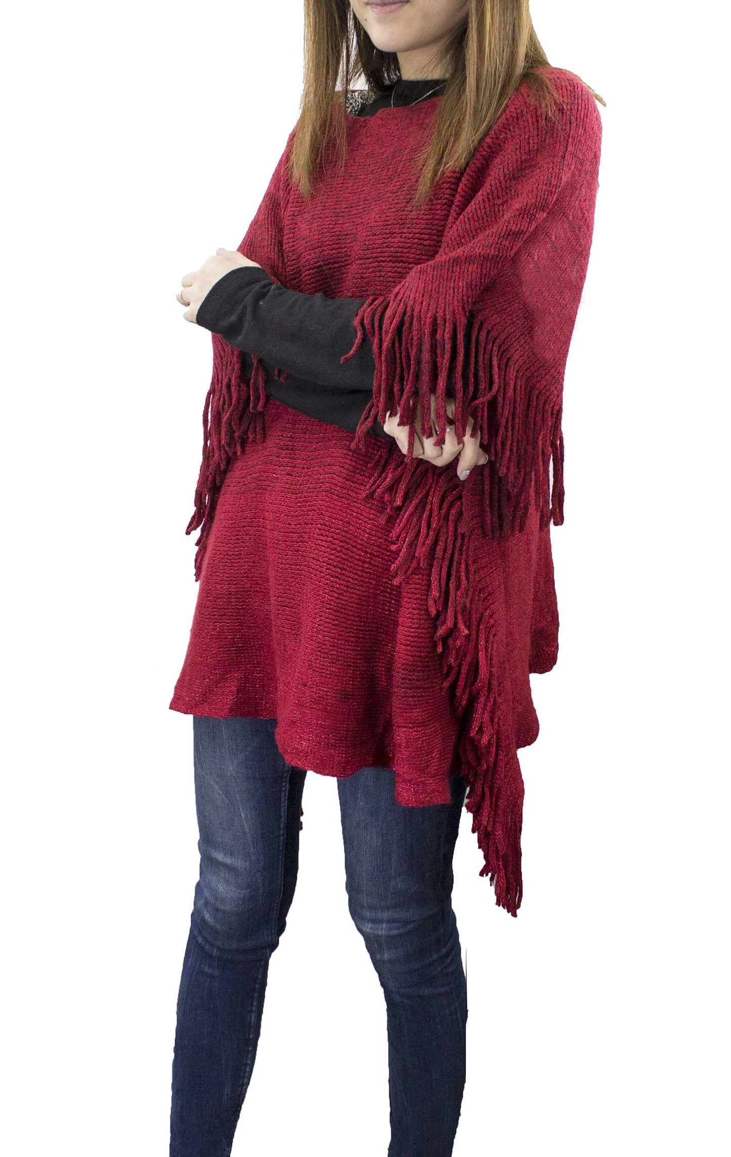 stylesilove Womens Knit Two Tone Batwing Fringe Poncho Cardigan Pullover Cozy Sweater Wrap Jacket