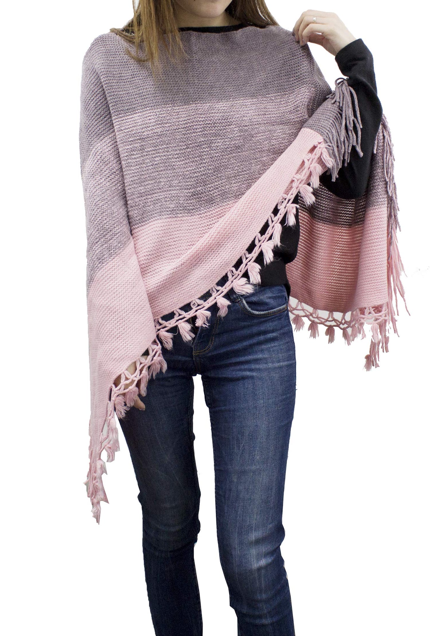 stylesilove Women Color Block Fringe Tassel Poncho Sweater Pullover Cardigan Wrap Topper for Warm Seasons