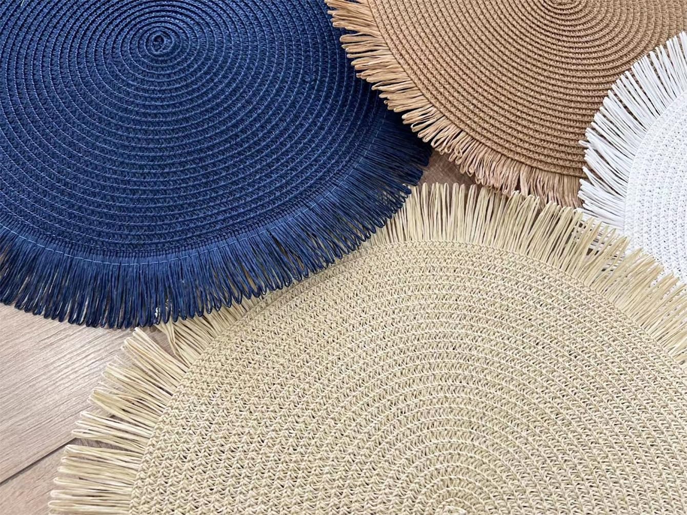 Fennco Styles Handwoven Fringe Boho Placemats 15" Round - Natural Braided Texture Table Mats for Home, Dining Room, Banquets, Family Gathering and Special Occasion