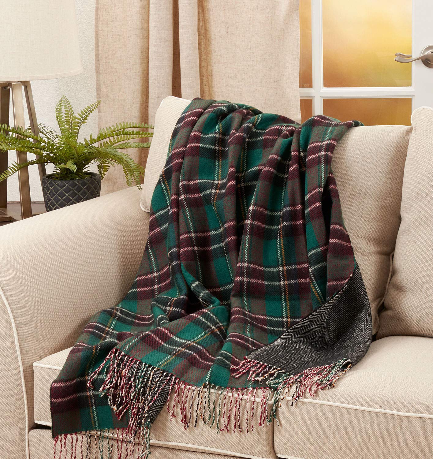 Fennco Styles Reversible Plaid Herringbone Fringe Throw Blanket 50" W x 60" L – Green Knitted Blanket for Couch, Bedroom and Living Room Décor