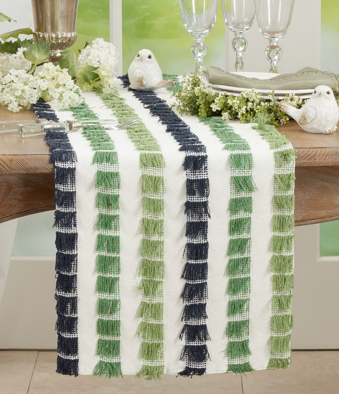Fennco Styles Boho Striped Fringe Cotton Table Runner 16" W x 72" L – Blue Table Cover for Home, Dining Room, Banquets, Family Gathering and Special Occasion