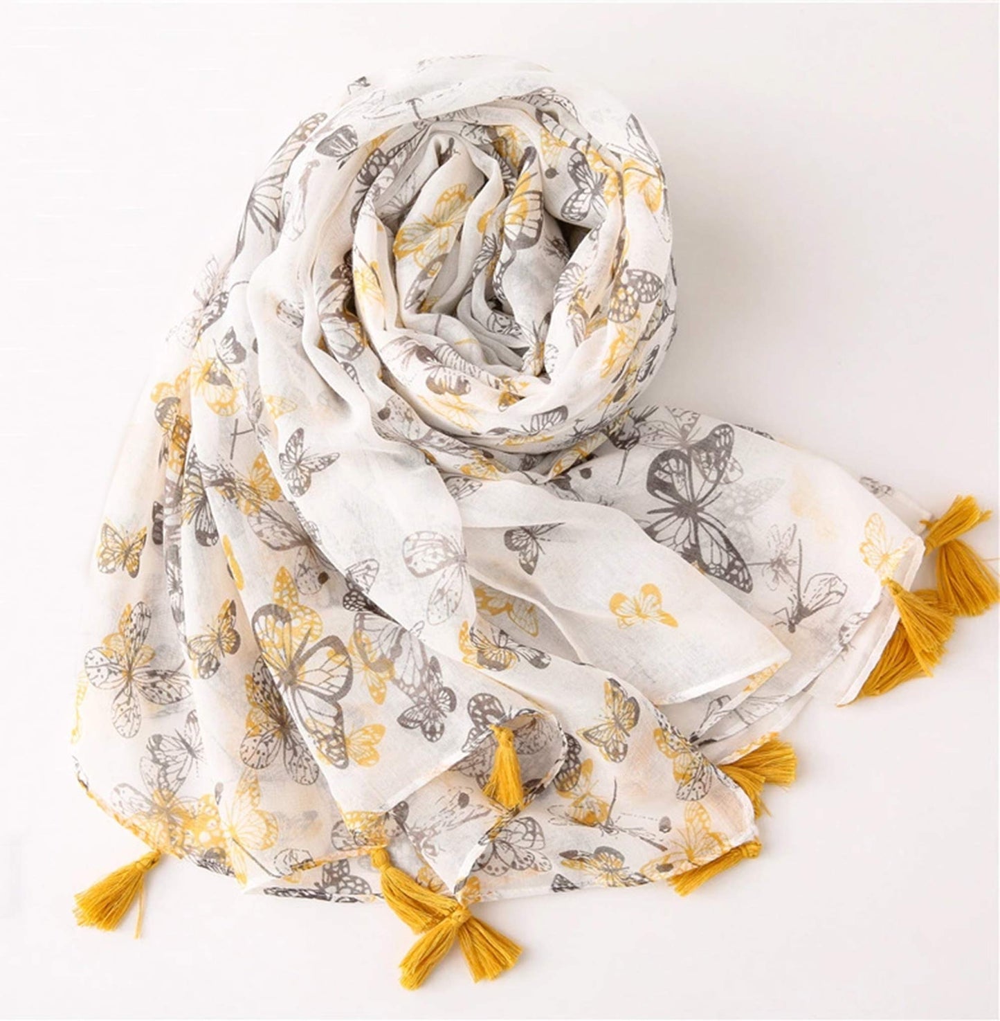 stylesilove Spring Summer Yellow Grey Butterfly Printed Lightweight Tassel Cotton Scarf Wrap Shawl for Women Girls