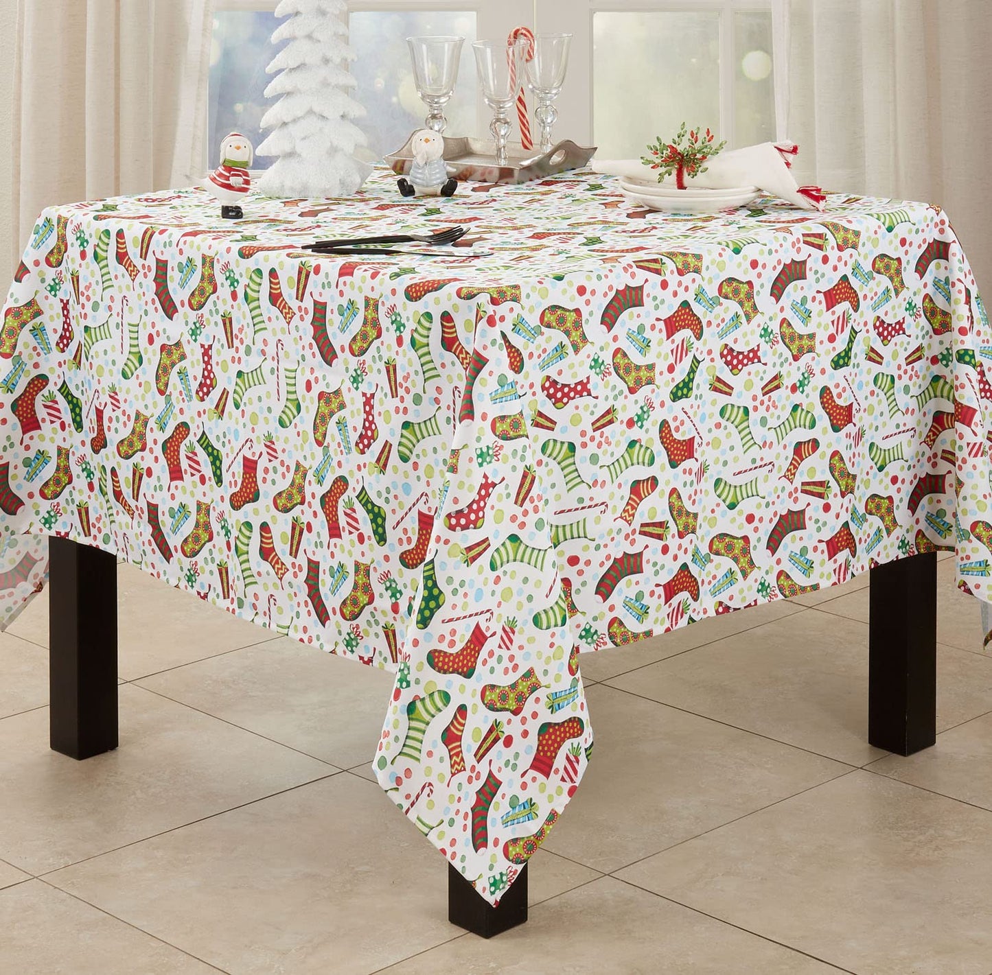 Fennco Styles Christmas Stockings Holiday Tablecloth 65" W X 84" L - Multicolor Stocking Print Festive Table Cover for Christmas Décor, Dining Room, Banquet, Family Gathering and Special Events