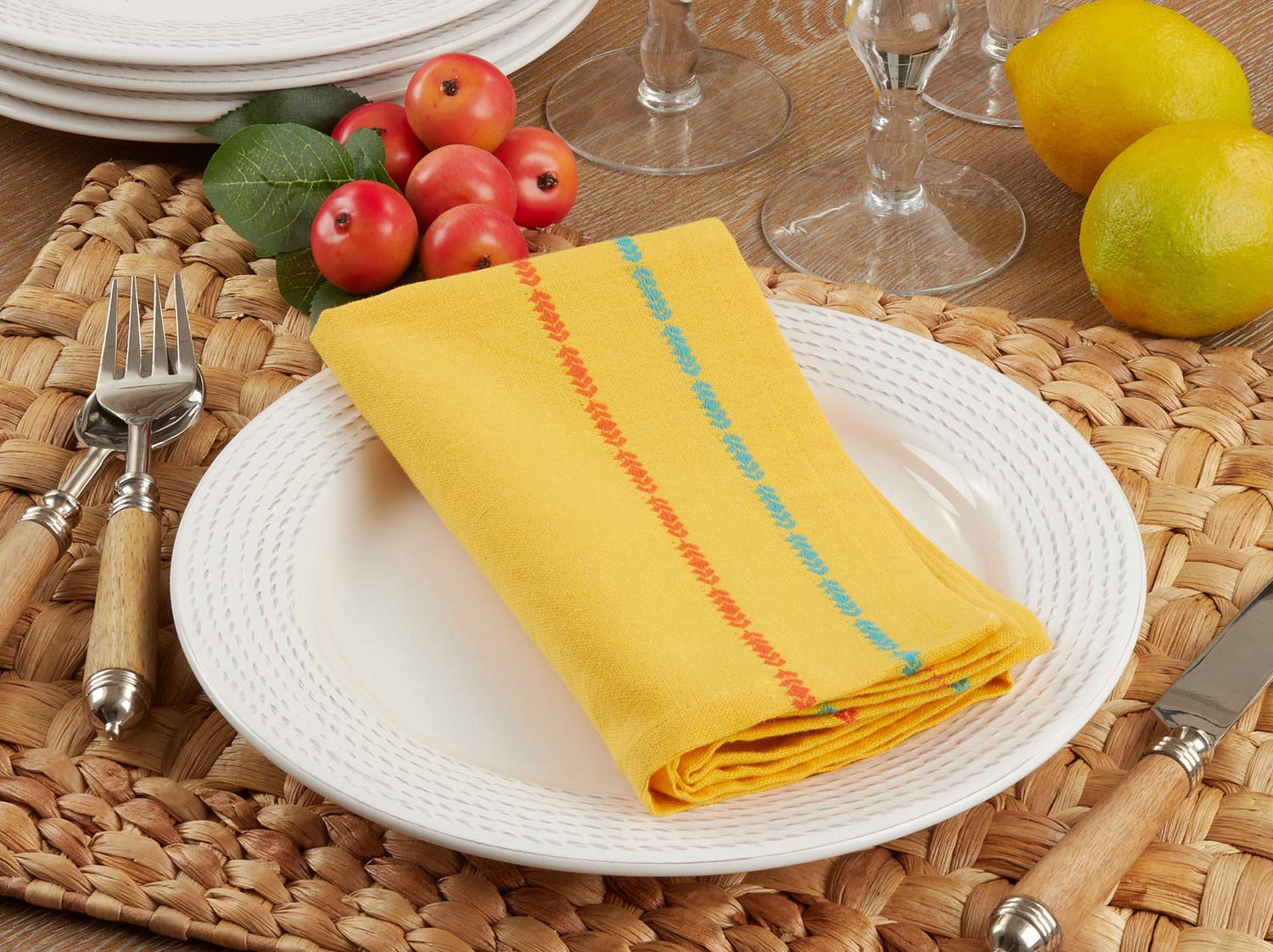 Fennco Styles Dobby Border Woven Cotton Cloth Napkins 18" W x 18" L, Set of 4 - Turquoise Dinner Napkins for Dining Table Décor, Family Gathering, Banquets, and Special Events