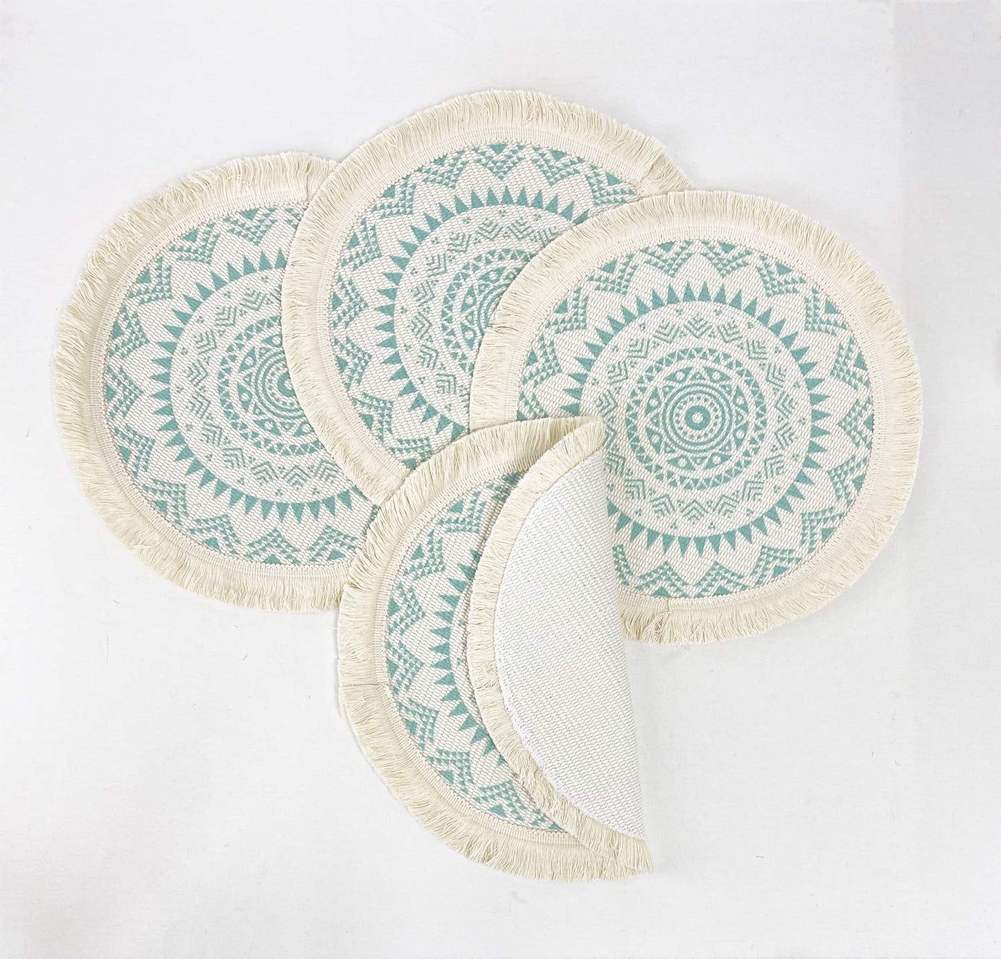 Fennco Styles Boho Mandala Fringe Decorative Cotton Placemats 13-inch Round, Set of 4 - Grey Heat Resistant Insulation Table Mats for Home Decor, Dining Table, Banquets and Special Events