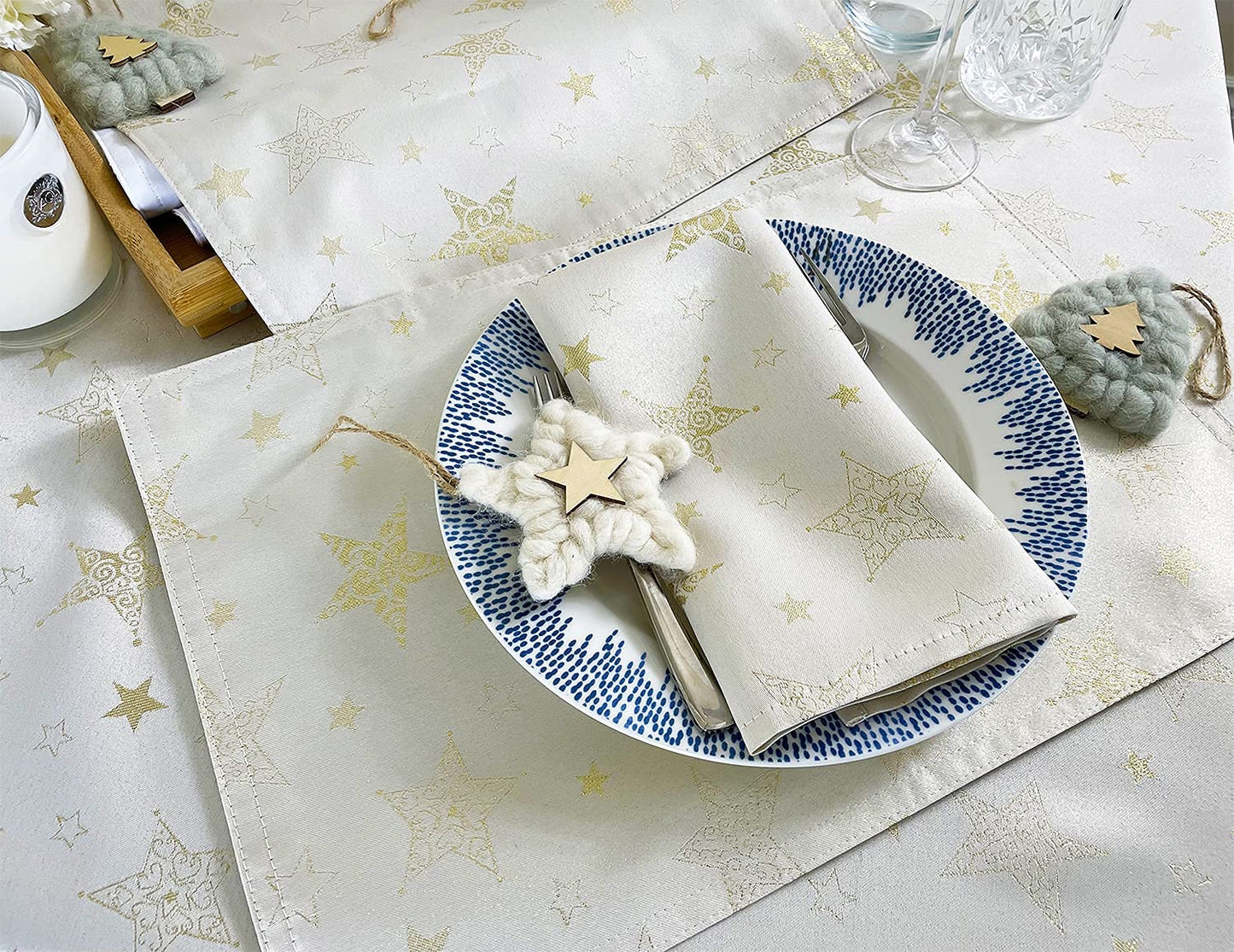 Fennco Styles Holiday Embroidered Metallic Star Tablecloth 70" W x 70" W - Ivory Woven Table Cover for Home Décor, Banquet, Family Gathering, Christmas, Special Occasion