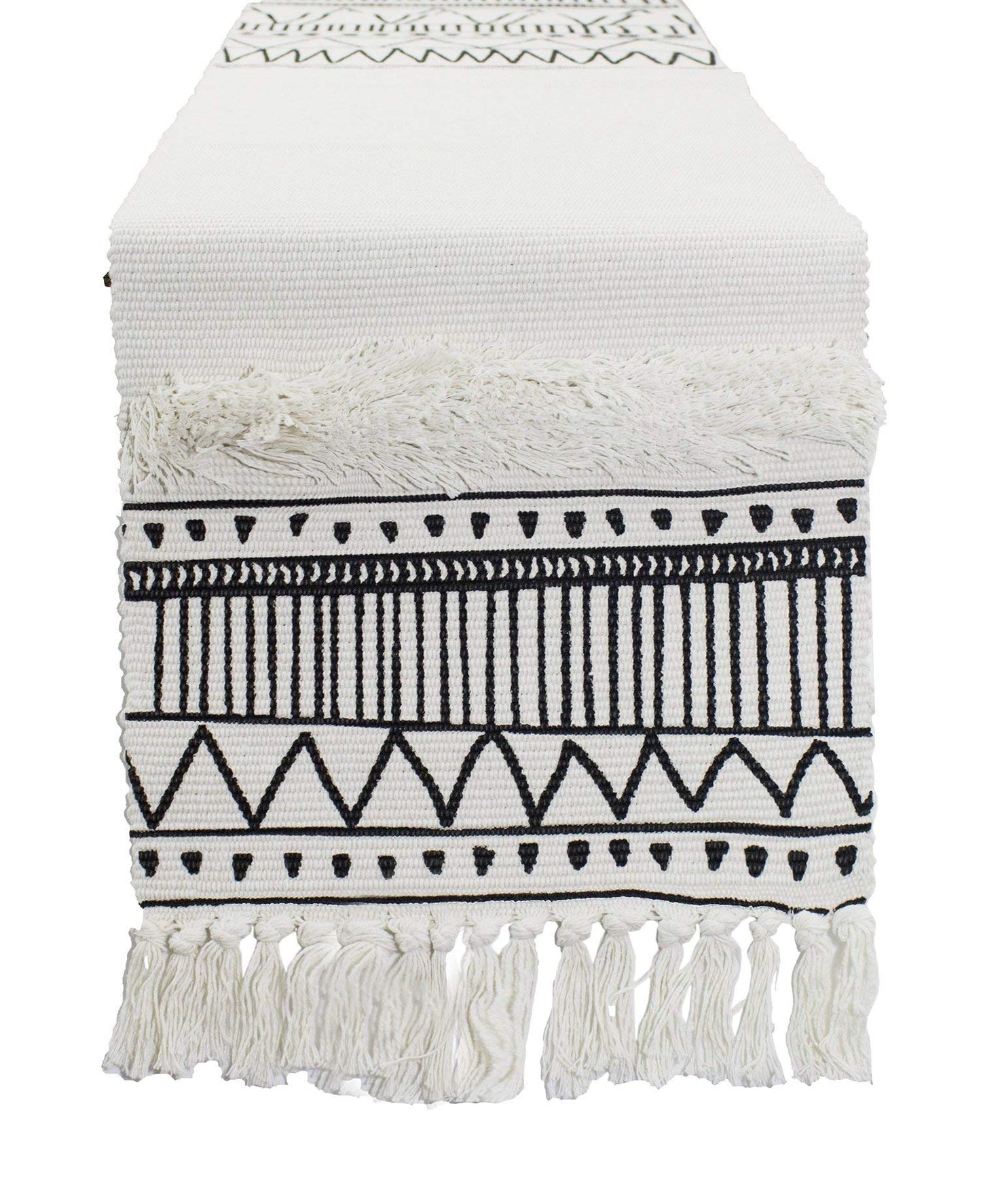 Fennco Styles Ivory Boho Tribal Textured Table Runner with Tassels - Woven Diamond Cotton Blend Table Cover for Boho Décor, Dining Table, Banquets, Family Gatherings