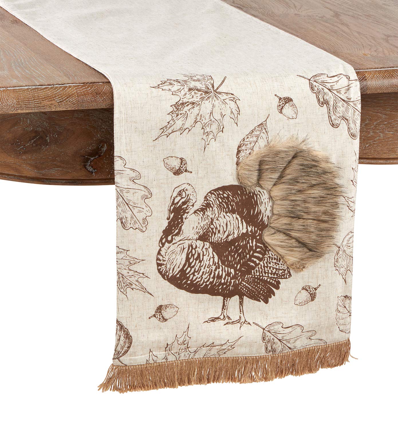 Fennco Styles Thanksgiving Turkey Collection Vintage Engraving Illustration Faux Fur Appliqué 13 x 72 Inch – Natural Table Runner for Harvest Dinner, Family Gathering, Special Events and Home Décor