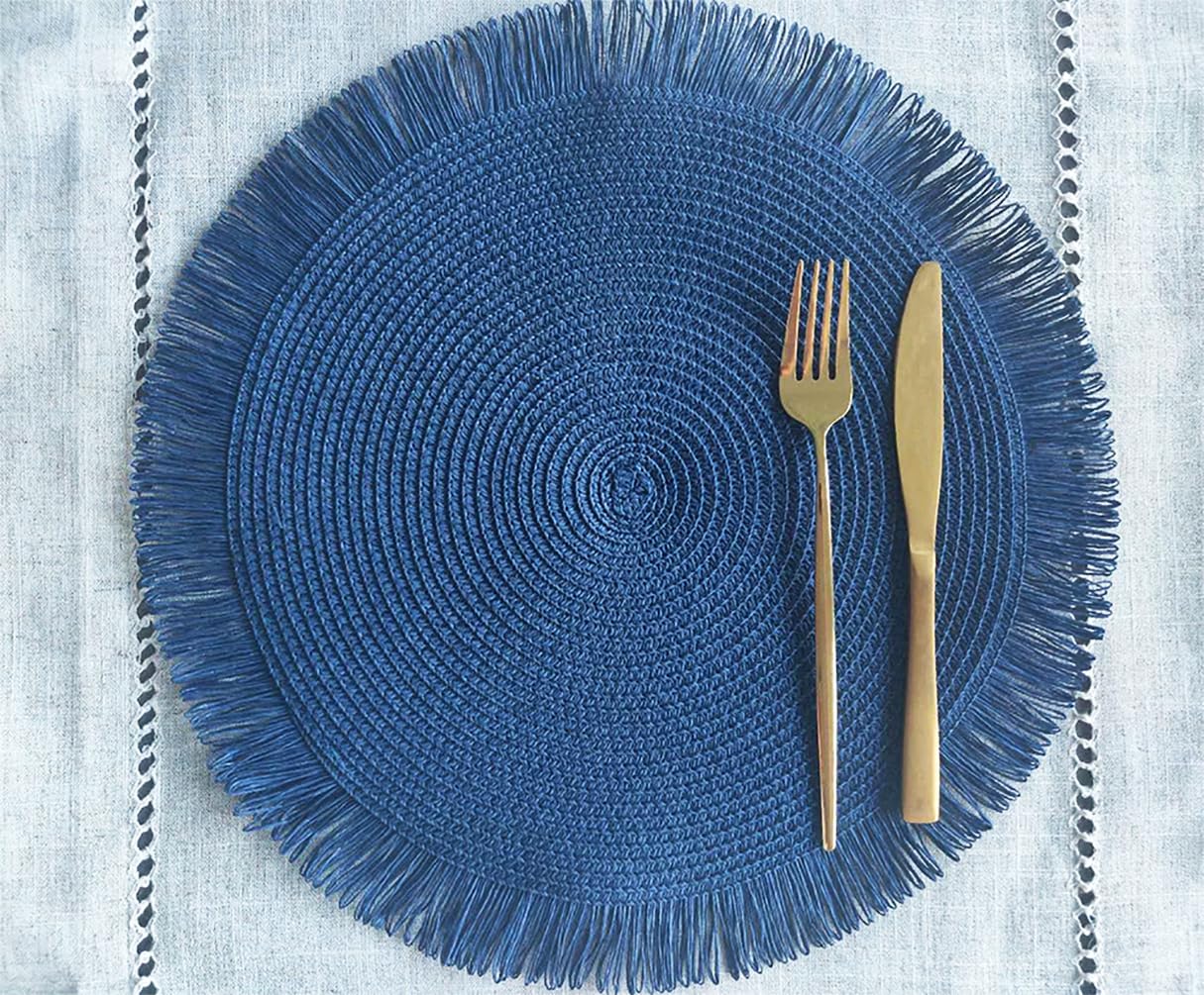 Fennco Styles Handwoven Fringe Boho Placemats 15" Round - Natural Braided Texture Table Mats for Home, Dining Room, Banquets, Family Gathering and Special Occasion