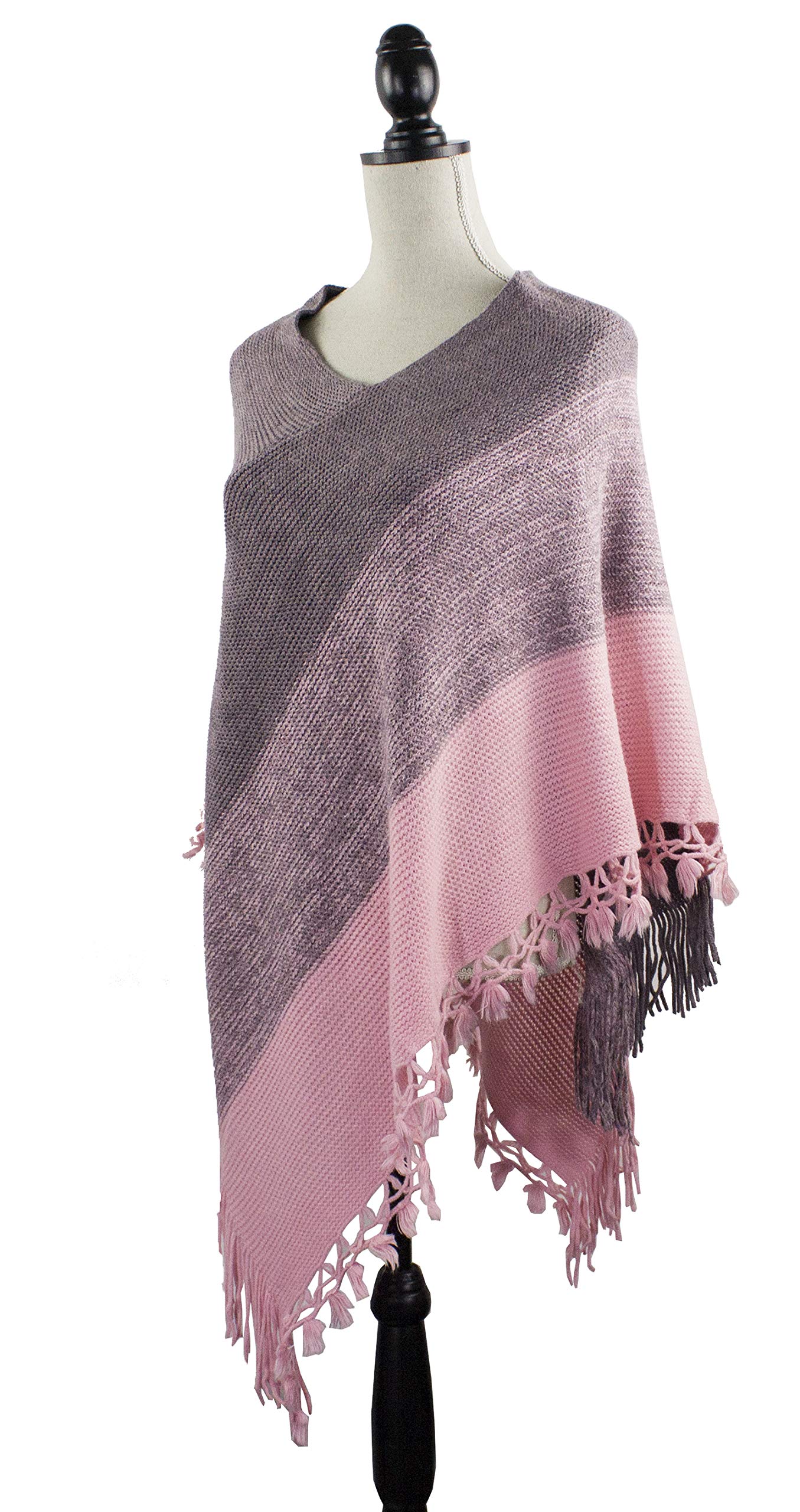 stylesilove Women Color Block Fringe Tassel Poncho Sweater Pullover Cardigan Wrap Topper for Warm Seasons