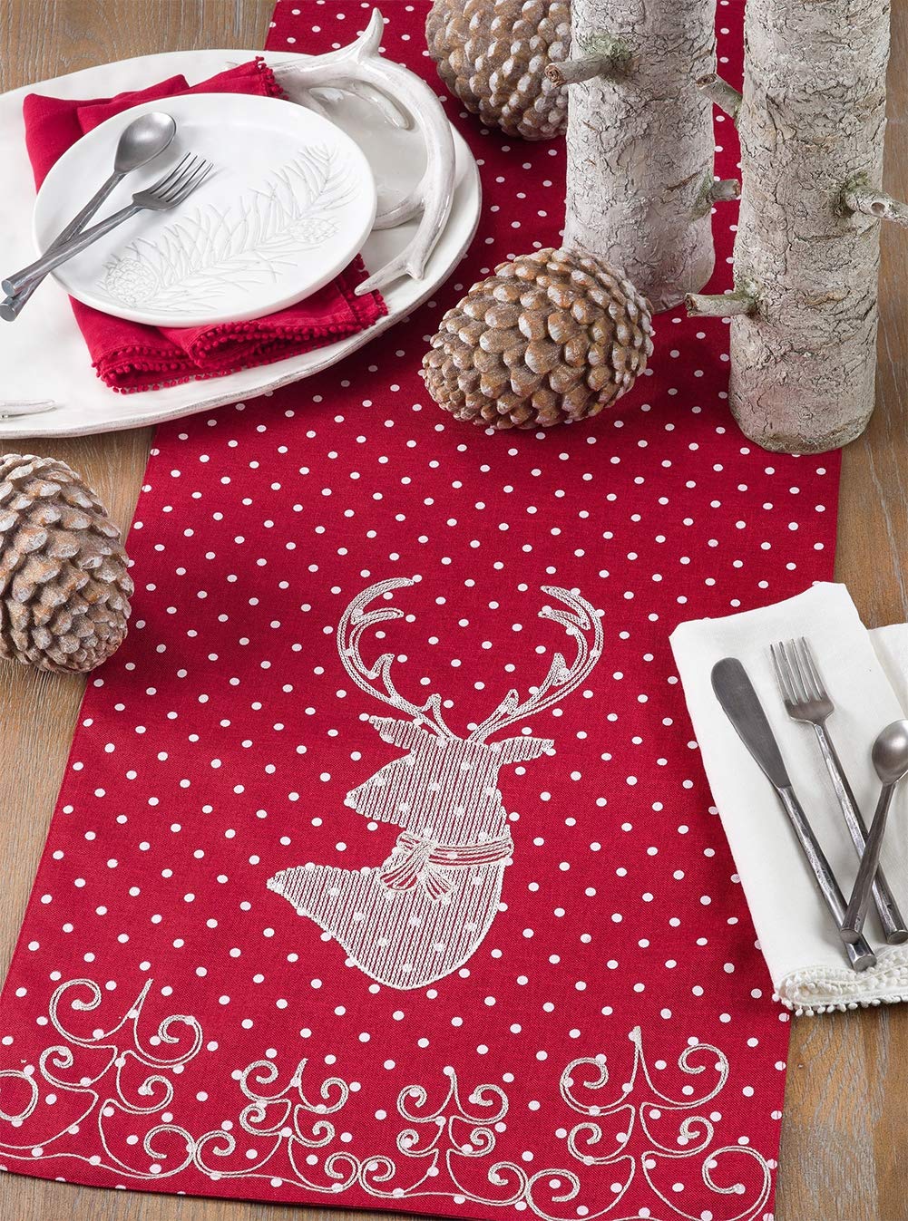 Fennco Styles Holiday Reindeer Polka Dot Design Red Table Runner, 16"x70" Rectangular