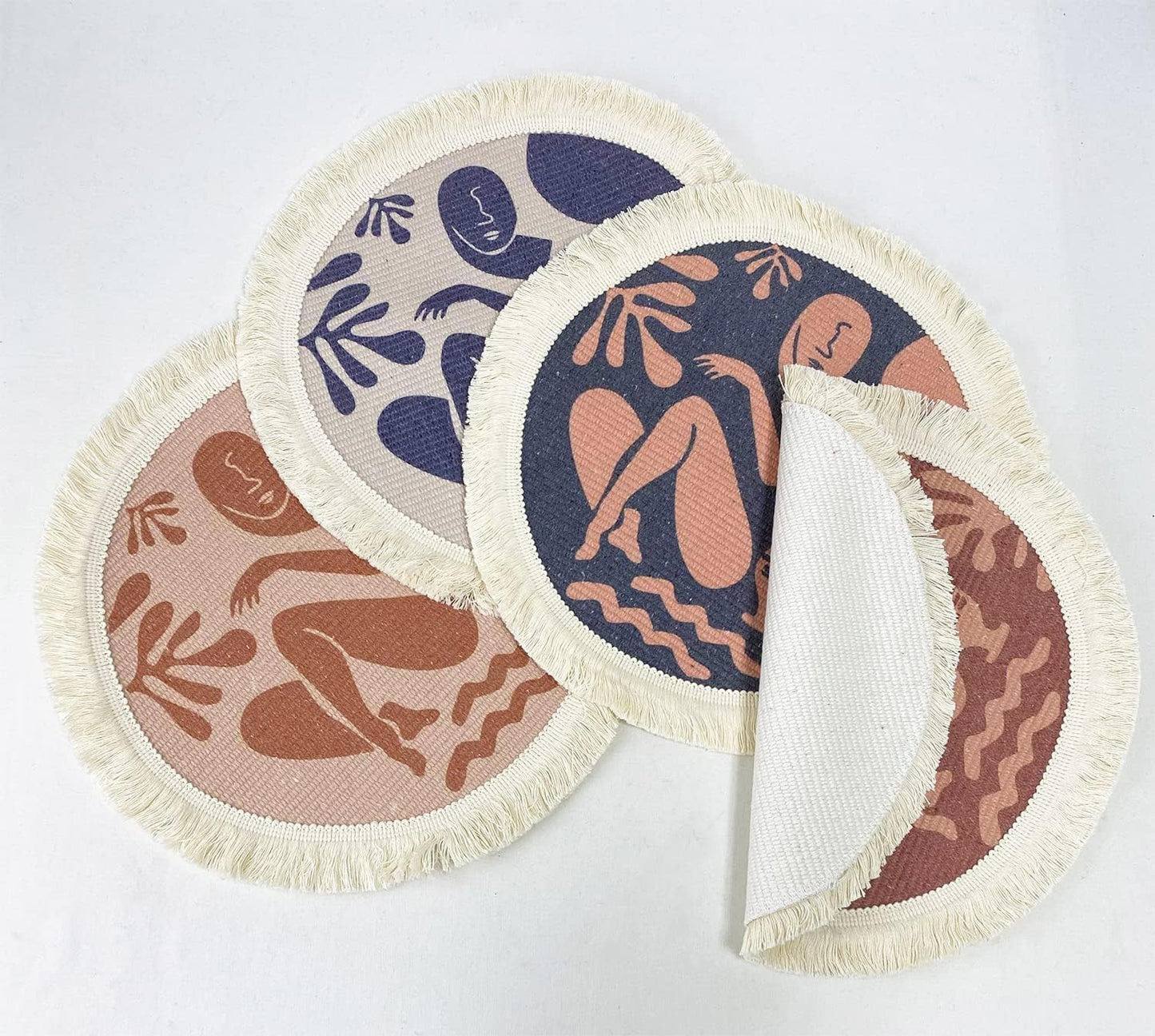Fennco Styles Art Design Abstract Print Fringe Cotton Placemat 13" Round, Set of 4 - Woven Table Mats for Home Décor, Dining Table, Banquets and Special Events