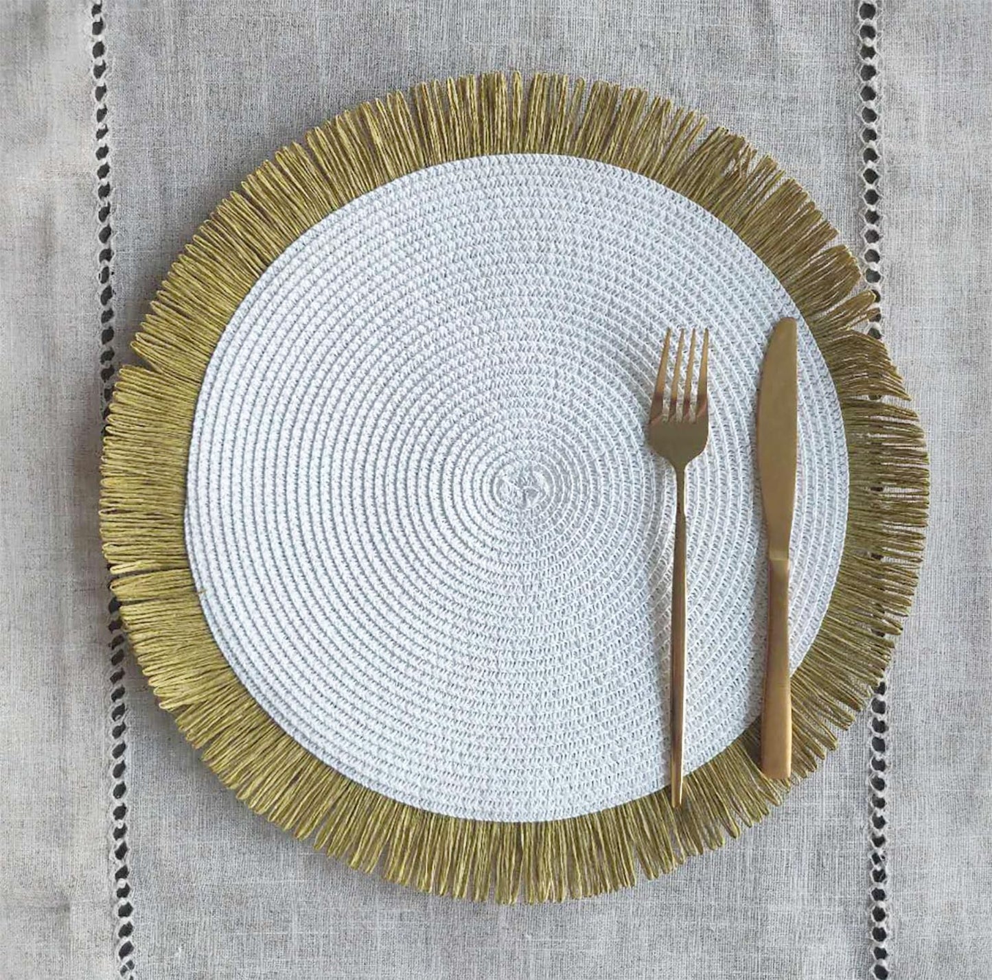 Fennco Styles Handwoven Fringe Boho Placemats 15" Round - Natural Braided Texture Table Mats for Home, Dining Room, Banquets, Family Gathering and Special Occasion