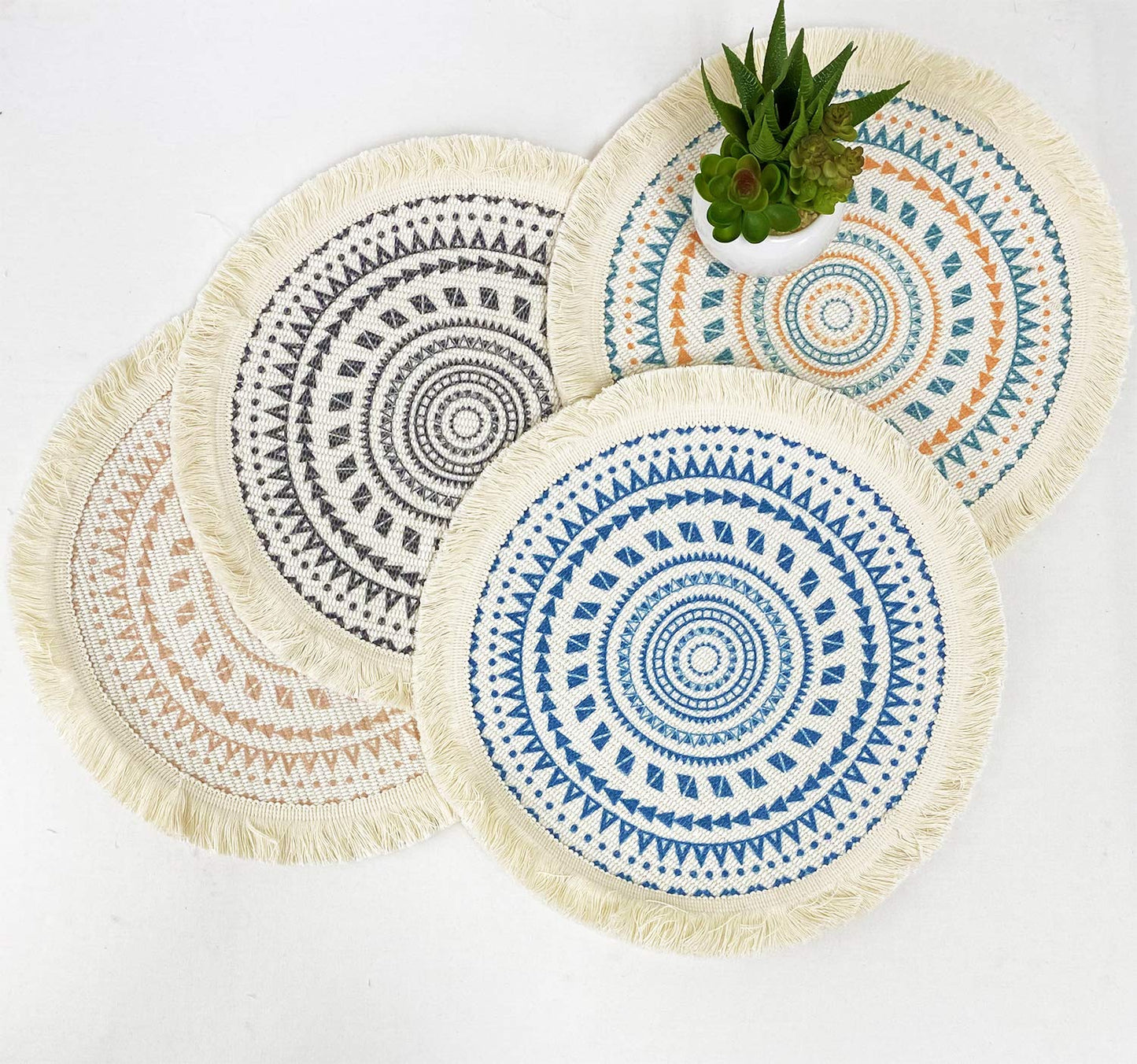 Fennco Styles Boho Geometric Fringe Decorative Cotton Placemats 13-inch Round, Set of 4 - Heat Resistant Insulation Table Mats for Home Decor, Dining Table, Banquets and Special Events