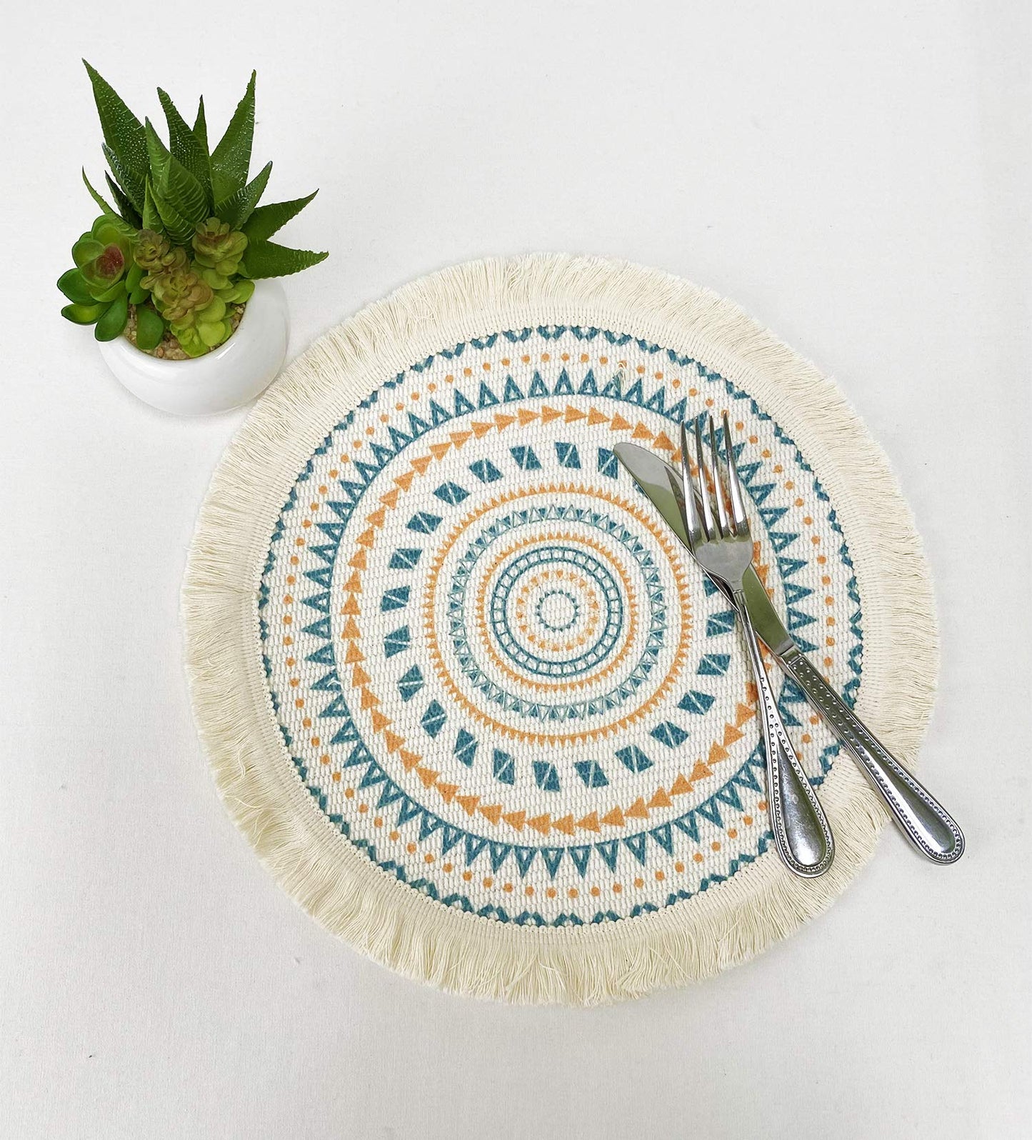 Fennco Styles Boho Geometric Fringe Decorative Cotton Placemats 13-inch Round, Set of 4 - Heat Resistant Insulation Table Mats for Home Decor, Dining Table, Banquets and Special Events