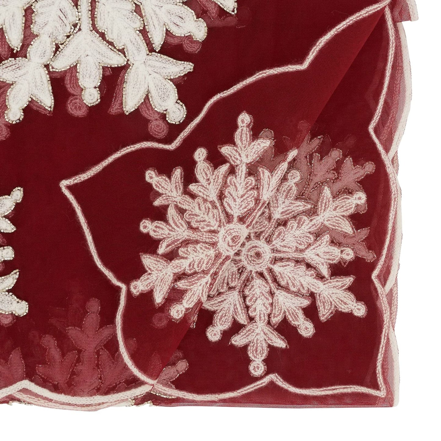 Fennco Styles Du Froid Collection Christmas Embroidery Beaded Snowflake 54 x 54 Inch Tablecloth – Red Table Cover for Holiday Dinner, Family Gathering, Special Events, Home Décor