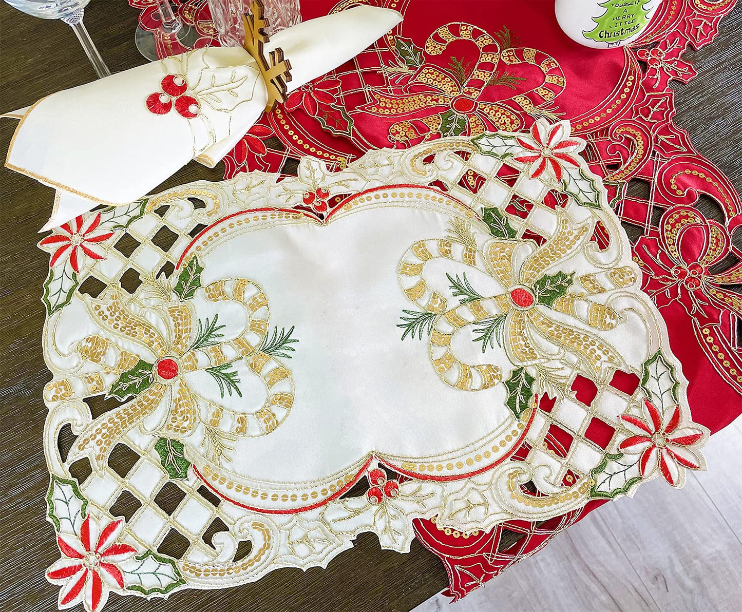 Fennco Styles Christmas Embroidered Holly Cloth Napkins 20" W x 20" L, Set of 4