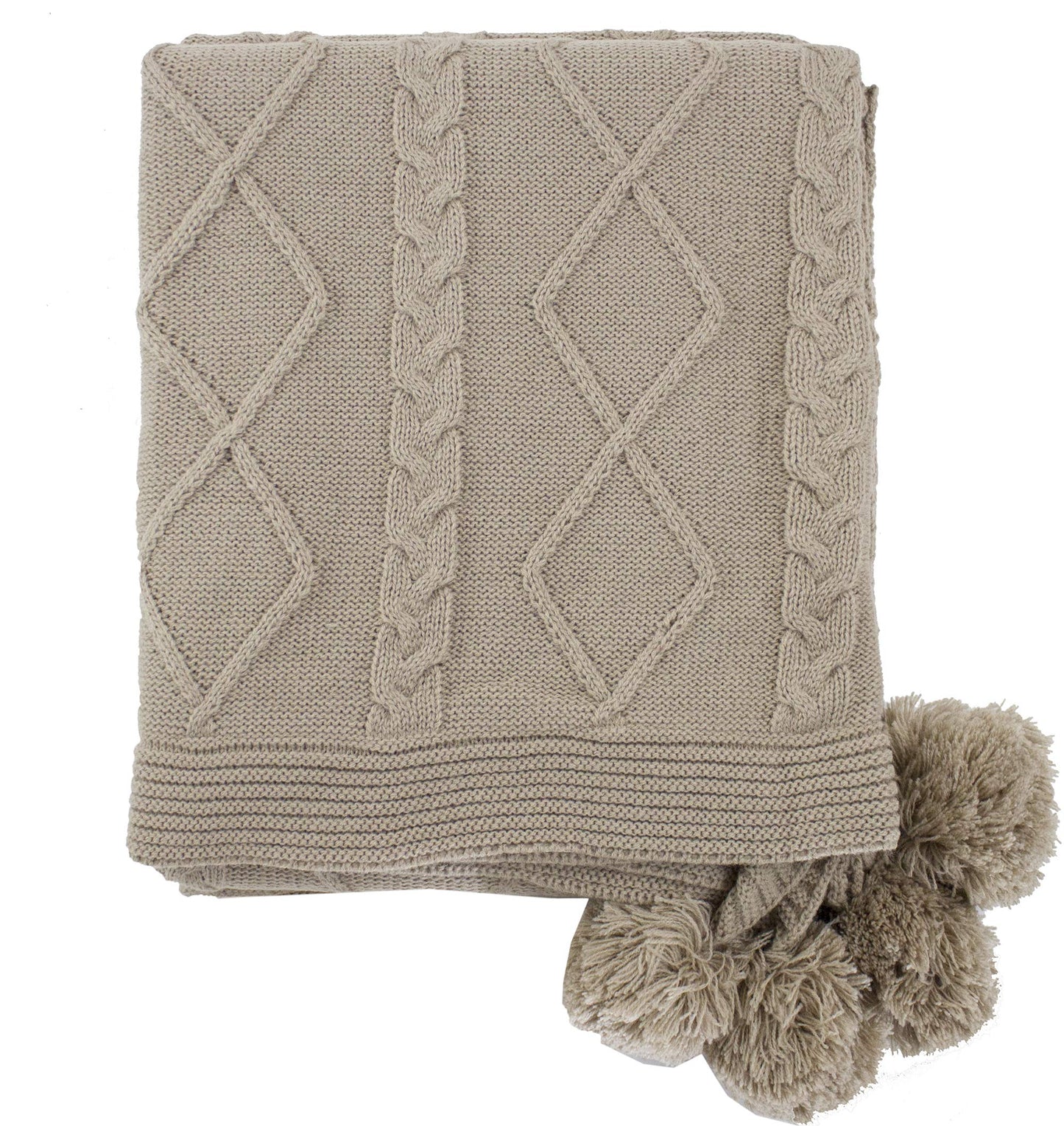 Fennco Styles Luxe Faux Fur Cable Knit Reversible Pom Pom Cozy Throw Blanket, 50" x 60" (Taupe)