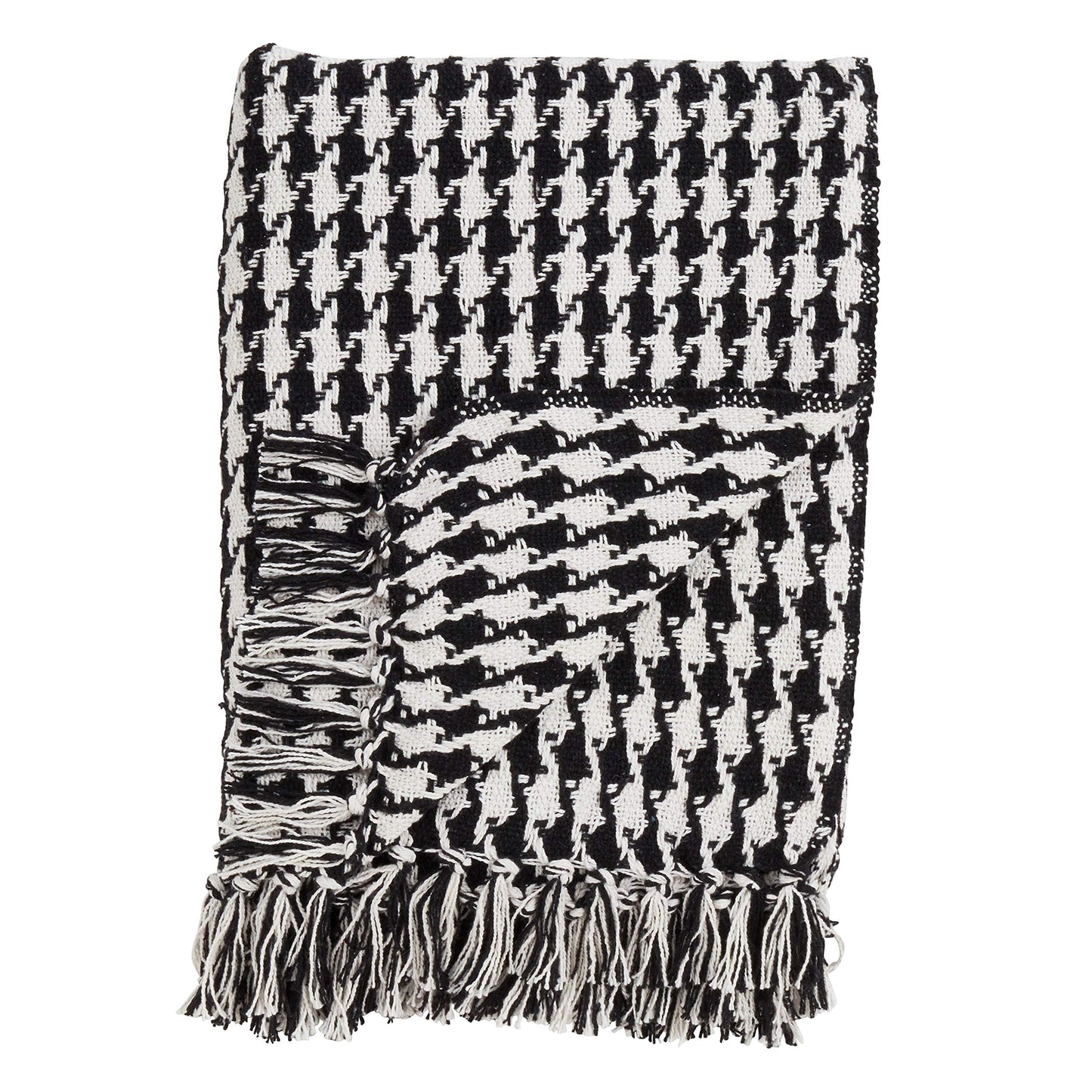 Fennco Styles Houndstooth Tassels 100% Cotton Woven Decorative Throw Blanket, 50" x 60", Black and White
