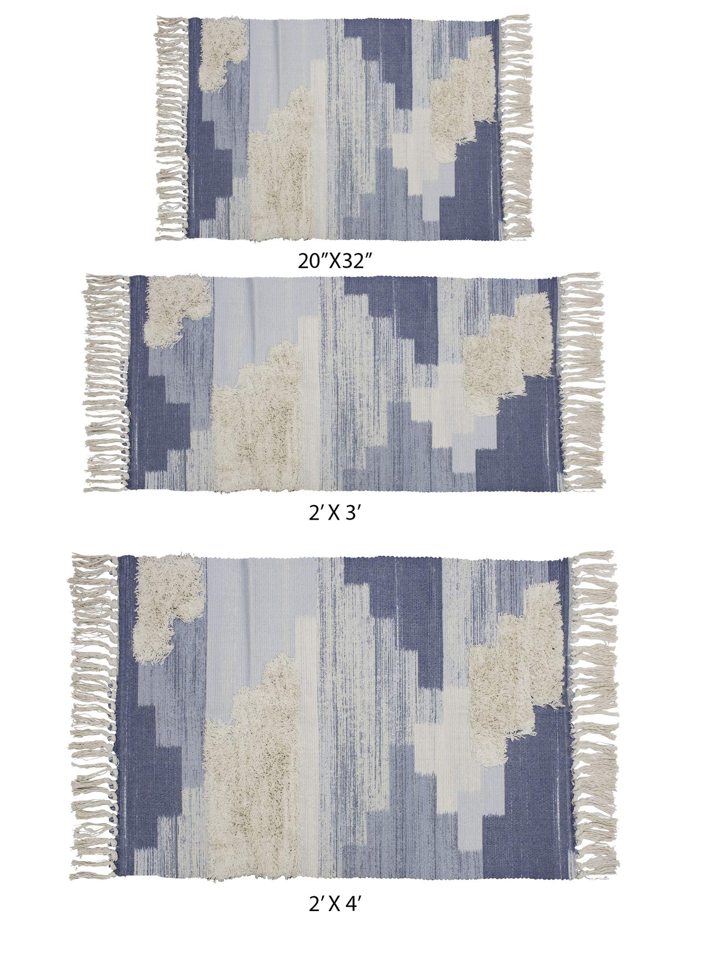 Fennco Styles Ivory Blue Geometric Print Woven Rug Tassel Area Rug for Home Décor, Bedroom, Entryway Mat, Floor Décor