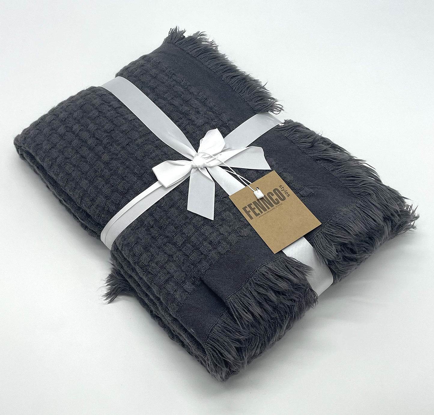 Fennco Styles Waffle Weave Solid Lightweight Throw Blanket with Fringe 50" W x 60" L - Slate Blanket for Sofa, Couch, Living Room and Bedroom Décor
