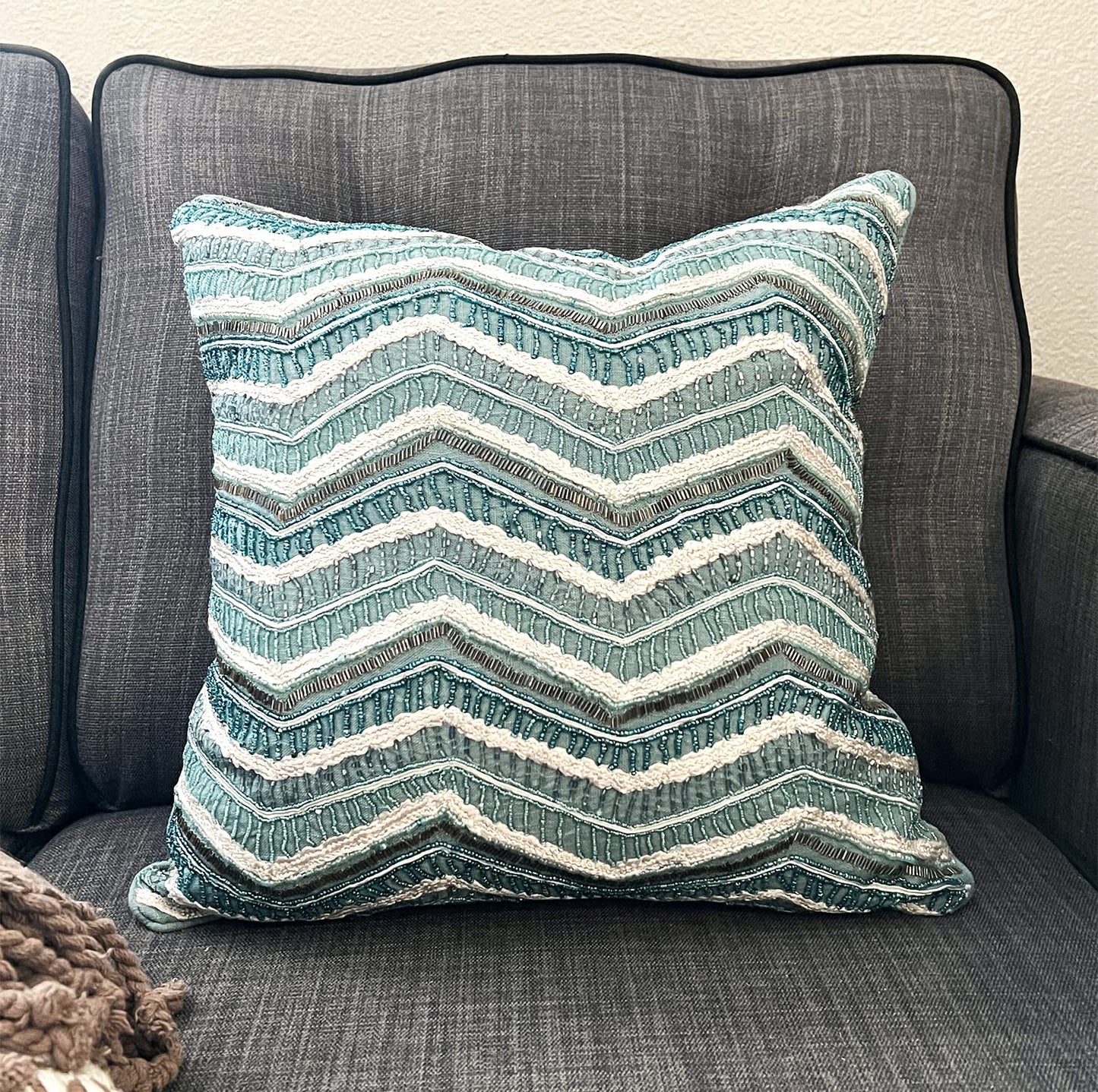 Fennco Styles Hand Beaded Bellissima Zigzag Down Filled Throw Pillow, 17-inch Square