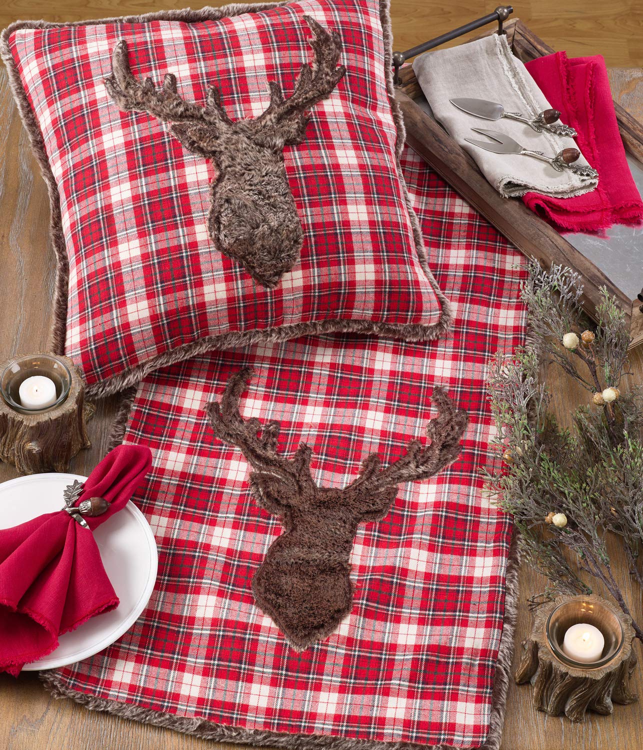 Fennco Styles Holiday Christmas Plaid Faux Fur Reindeer Down Filled Throw Pillow 18" Square