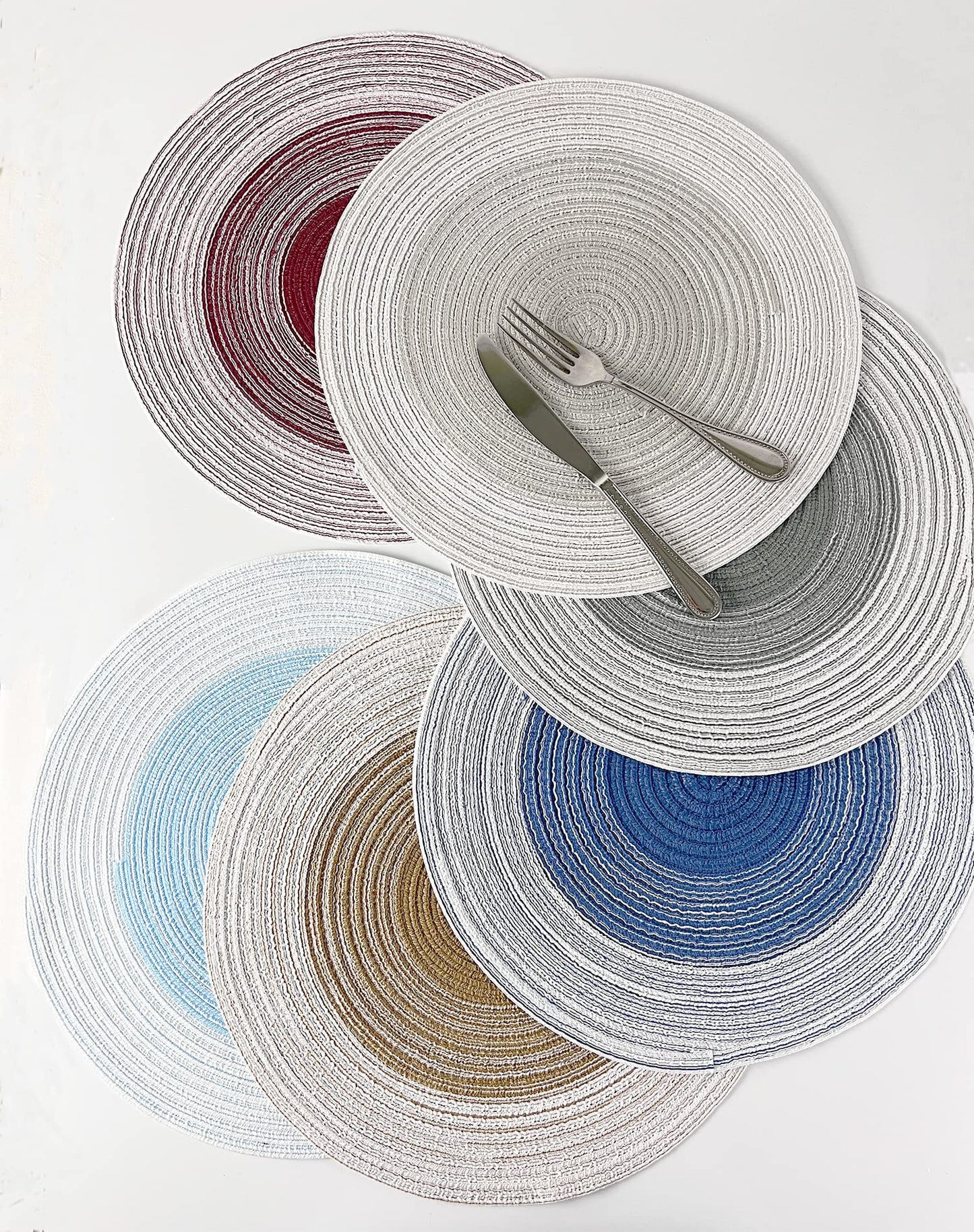 Fennco Styles Handmade Gradient Textured Ramie Placemats 14" Round, Set of 4 – Braided Table Mats Heat Resistant Insulation for Home Décor, Dining Table, Everyday Use, Banquets, Special Events