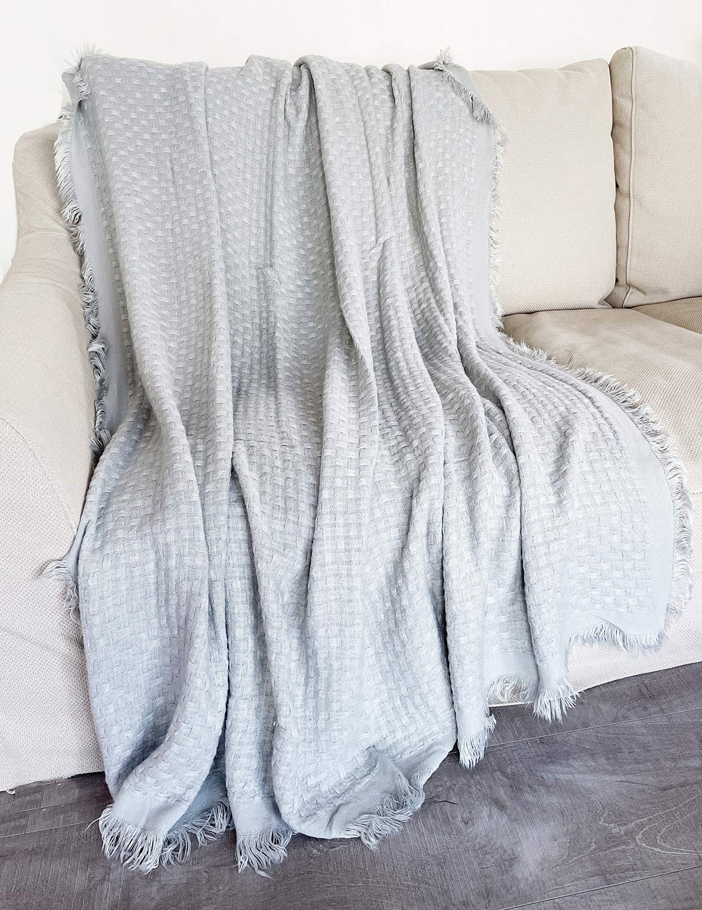 Fennco Styles Waffle Weave Solid Lightweight Throw Blanket with Fringe 50" W x 60" L - Slate Blanket for Sofa, Couch, Living Room and Bedroom Décor